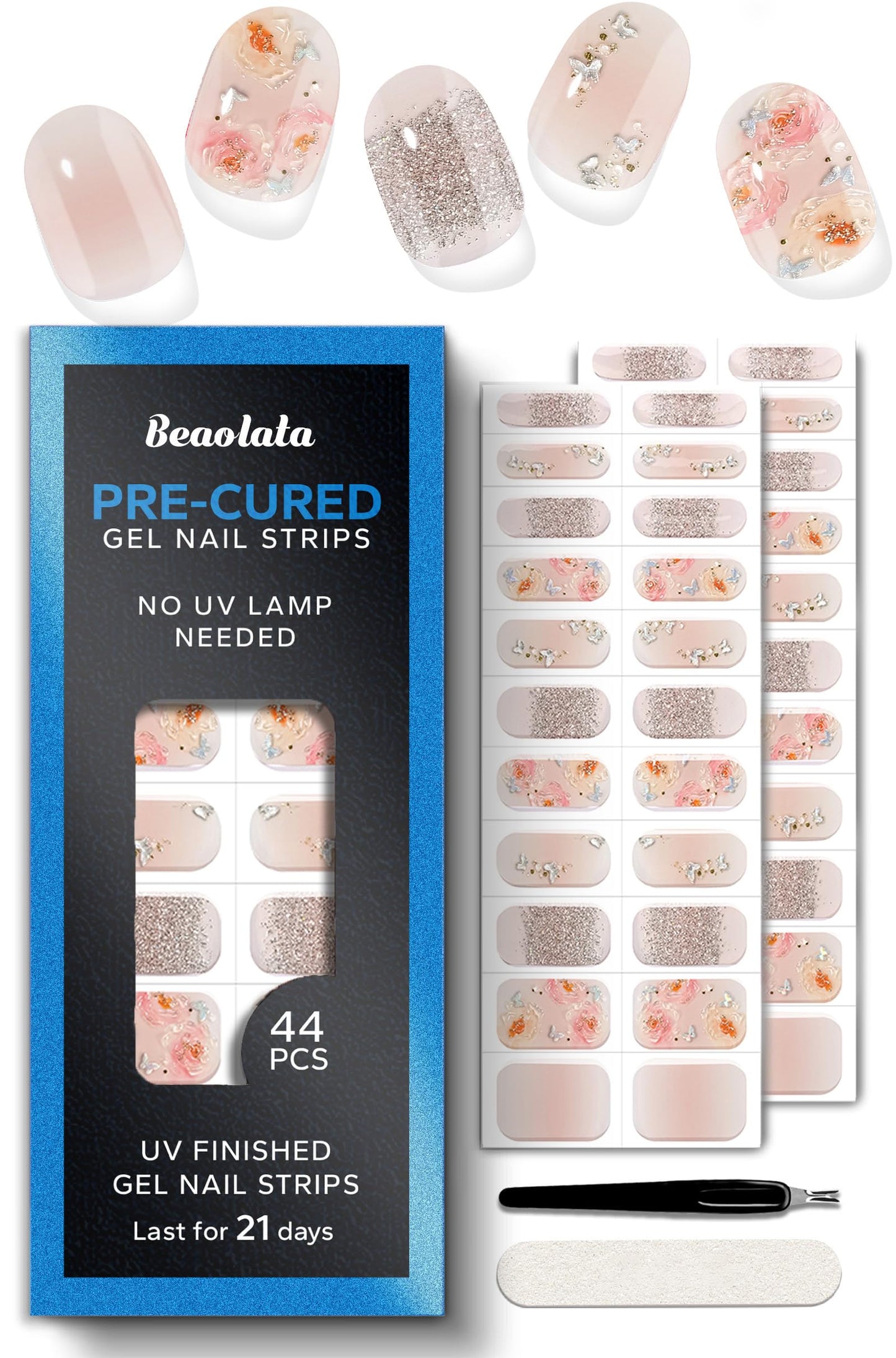 Beaolata Real Gel Nail Strips (No UV Light Needed) - 44Pcs Salon Quality Nail Stickers - Long Lasting Polish Wraps for Women, Easy Apply & Remove (Nude Whisper)