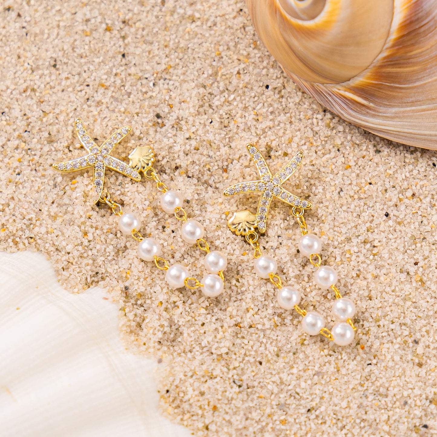 Plenky Gold Earrings for Women- 14K Gold Plated Starfish Pearl Earrings Summer Beach Vacation Outfits Trendy Jewelry Gifts