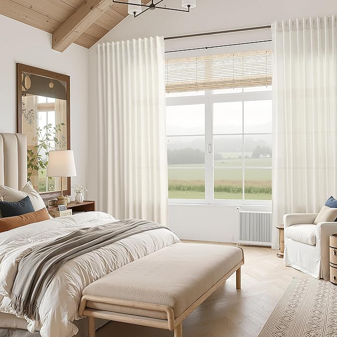 Nanspring Natural Linen Curtains for Living Room 112 Inches Long Back Tab Light Filtering Semi Sheer Curtain Rustic Farmhouse Decor Long Floor to Ceiling High Window for Bedroom 52x112, 2 Panels