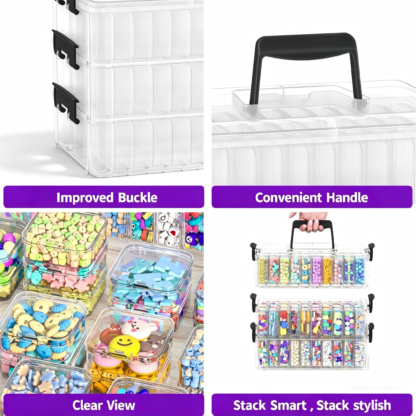 VANSUNS Bead Organizer Box 90 Pcs, 3-Tier Large Capacity Stackable Bead Storage Containers, Portable Plastic Craft Organizers for Jewelry Making, Bracelets, DIY, Nail Art Charms
