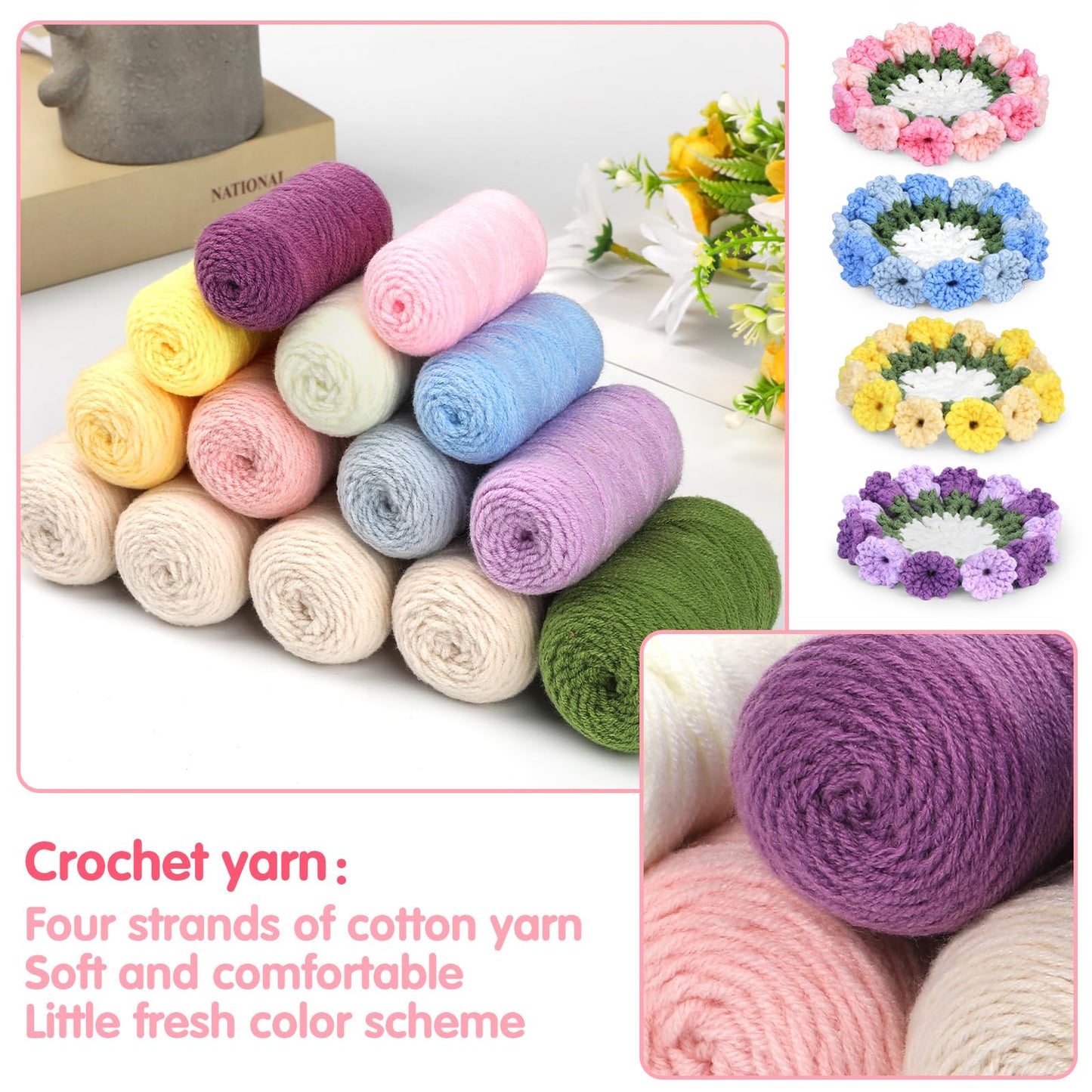 Iuuidu Crochet Kit for Beginners-4PCS Coaster Pot Crochet Kits Coaster Crochet Flower Kit with Crochet Yarns, Hooks, Easy Videos Tutorials to Crochet for Office, Coffee Table, Home Decor
