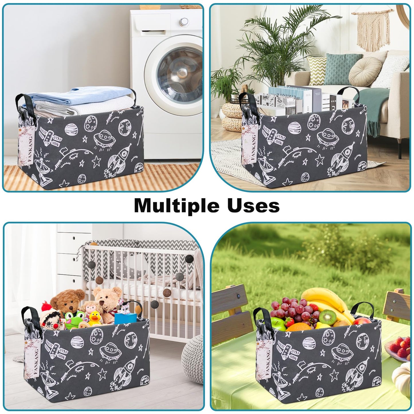 FANKANG Storage Basket,Nursery Hamper Canvas Laundry Basket Foldable with Waterproof PE Coating Storage, Office, Bedroom, Clothes,Toys (Rec-Space Planet)