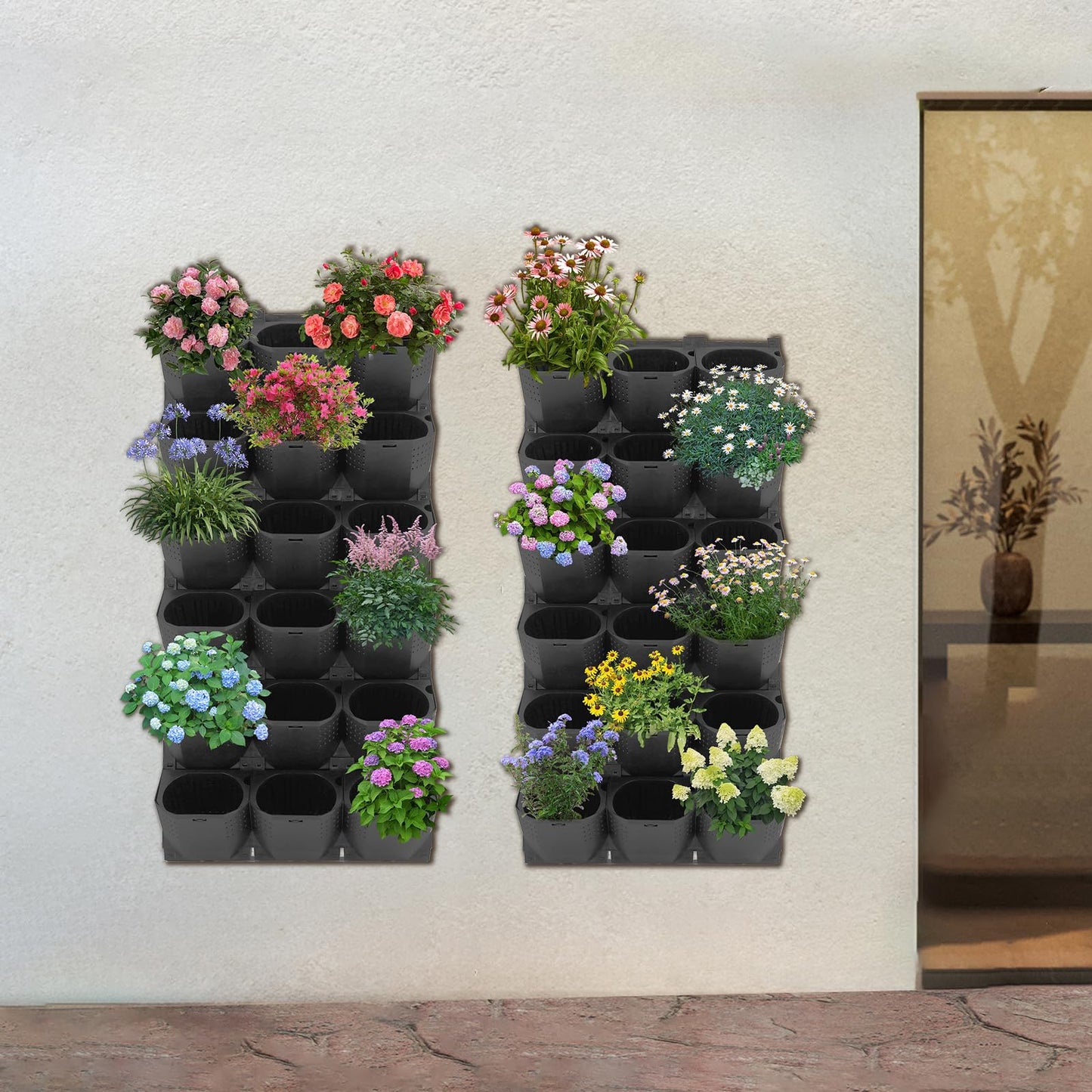 Eapmic Vertical Wall Planter with 36 Pots, Hanging Garden Plant Flowerpot Holder, Stackable Wall-Mounted Planter, Balcony Planters for Flowers Vegetables Fruits (Black, 36 Pots)