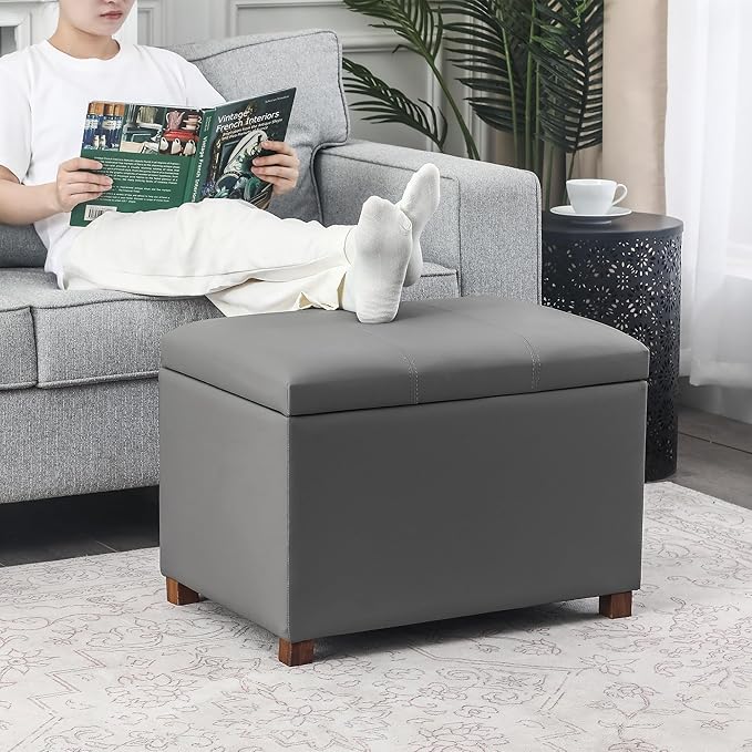 Asense 24'' Small Square Ottoman with Lift Off Lid, Storage Cube Leather Ottoman for Foot Rest, Footstool for Dorm, Living Room, Bedroom,Slate Gray