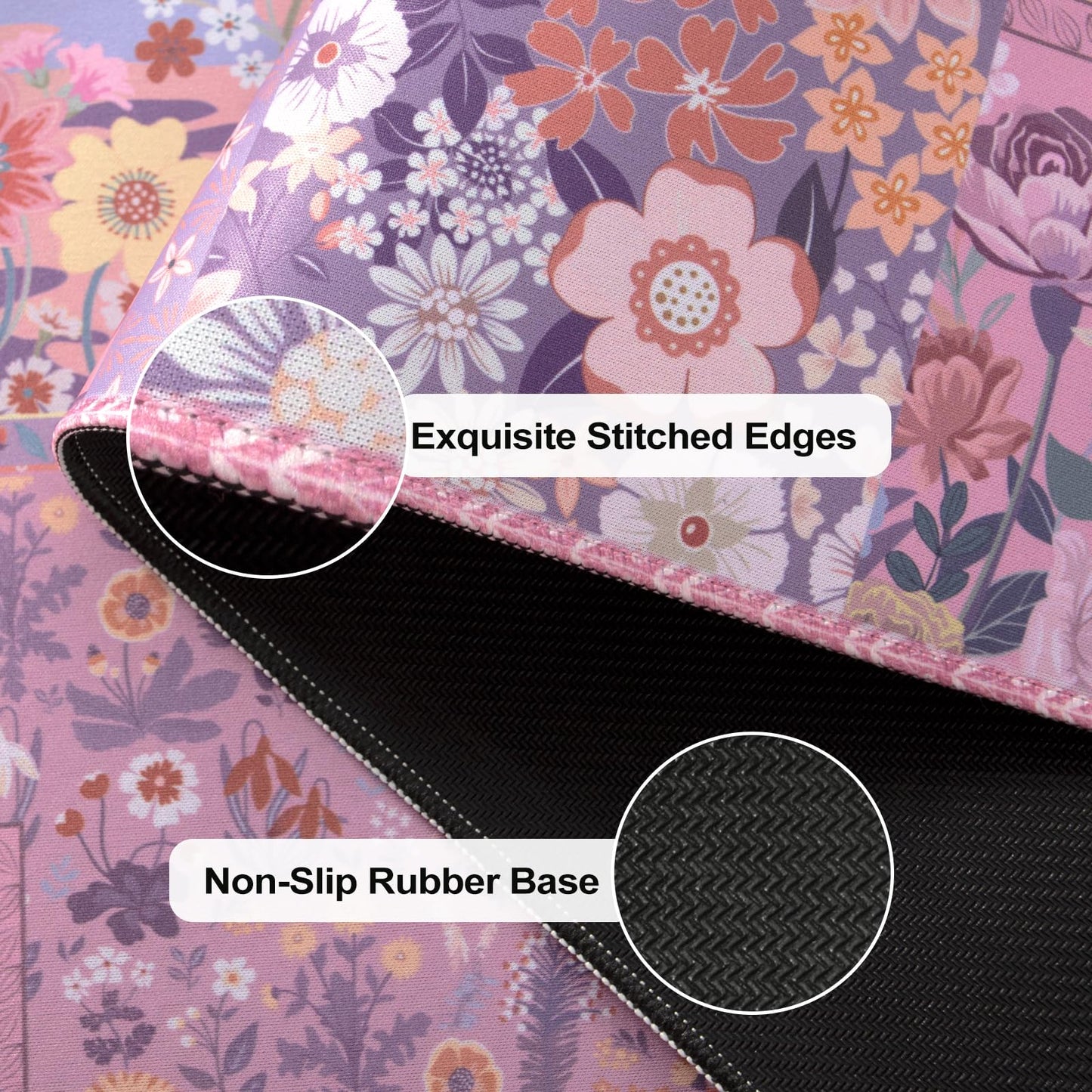 iCasso Floral Desk Pad Mat, Large Mouse Pad, Desk Matt for Desktop, Anti-Slip XXL Big Mousepad with Stitched Edges for Computer Keyboard (Rose Pink)
