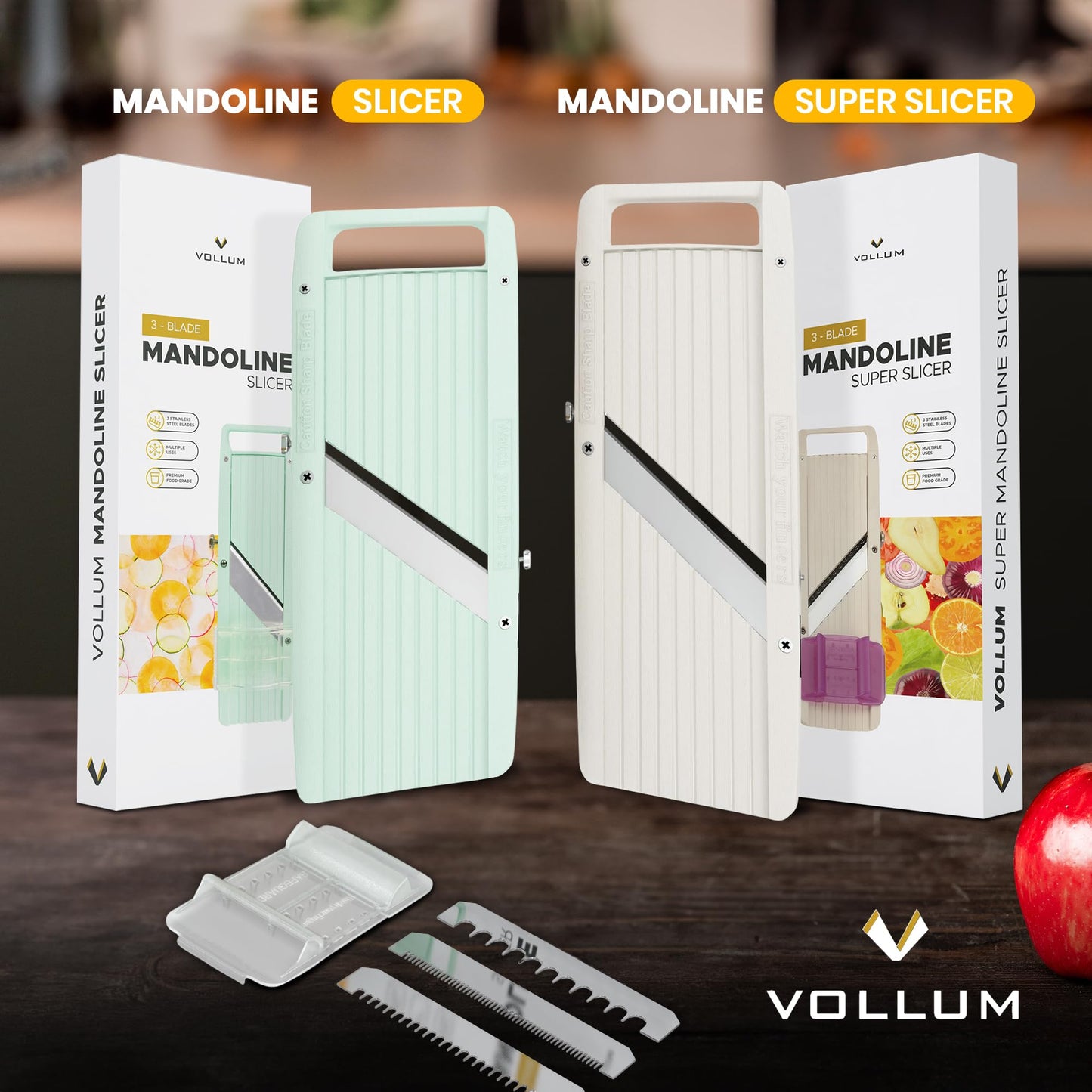 Vollum Wide Japanese Mandoline Slicer for Kitchen – Professional Slicer Vegetable Cutter with Interchangeable Stainless Steel Blades – Food Manual Slicer Handheld Mandoline Slicer