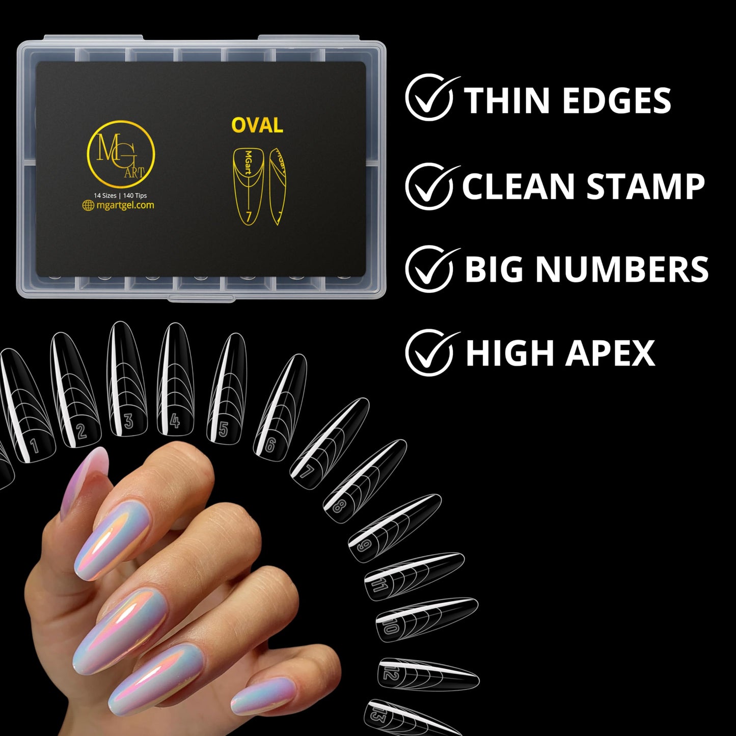 MGart Dual Forms – OVAL Shape, Reusable Nail Extension Forms for Builder/Hard Gel & Polygel, Ultra-Thin Cuticle Edge, Clear, Professional Salon Quality, 140 pcs Sizes 0–14