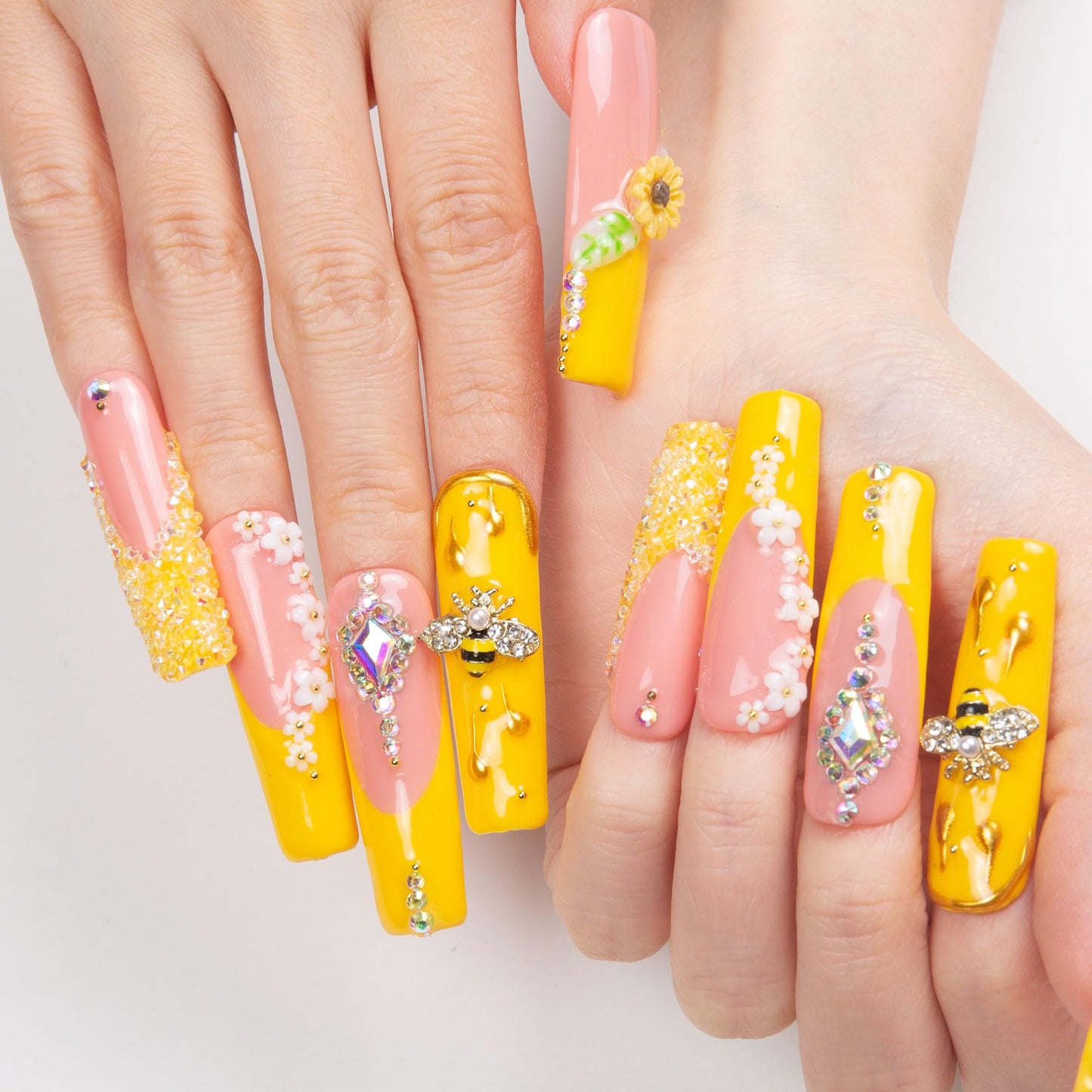 LOVFUL Press on Nails Honey Bee Yellow| Handmade with Full Covered Crystals| Reusable Fake Nails| Square Mid length 1.7in| H101-S