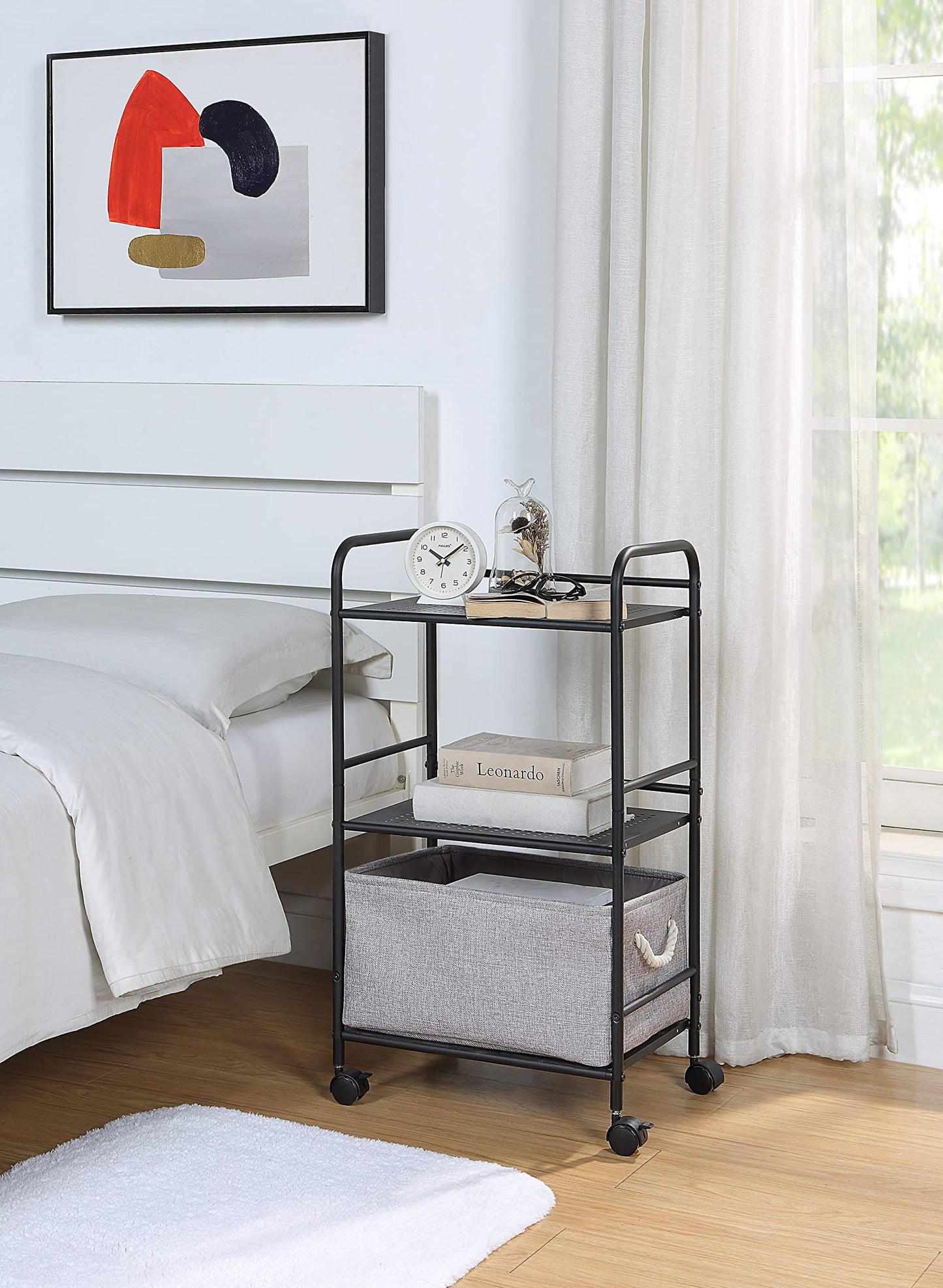 SunnyPoint 3-Tier Rolling Utility Cart – Metal Storage Organizer with Wheels, Mobile Kitchen Cart, Office & Home Organizer, Black, 12" D x 16.92" W x 31.1" H