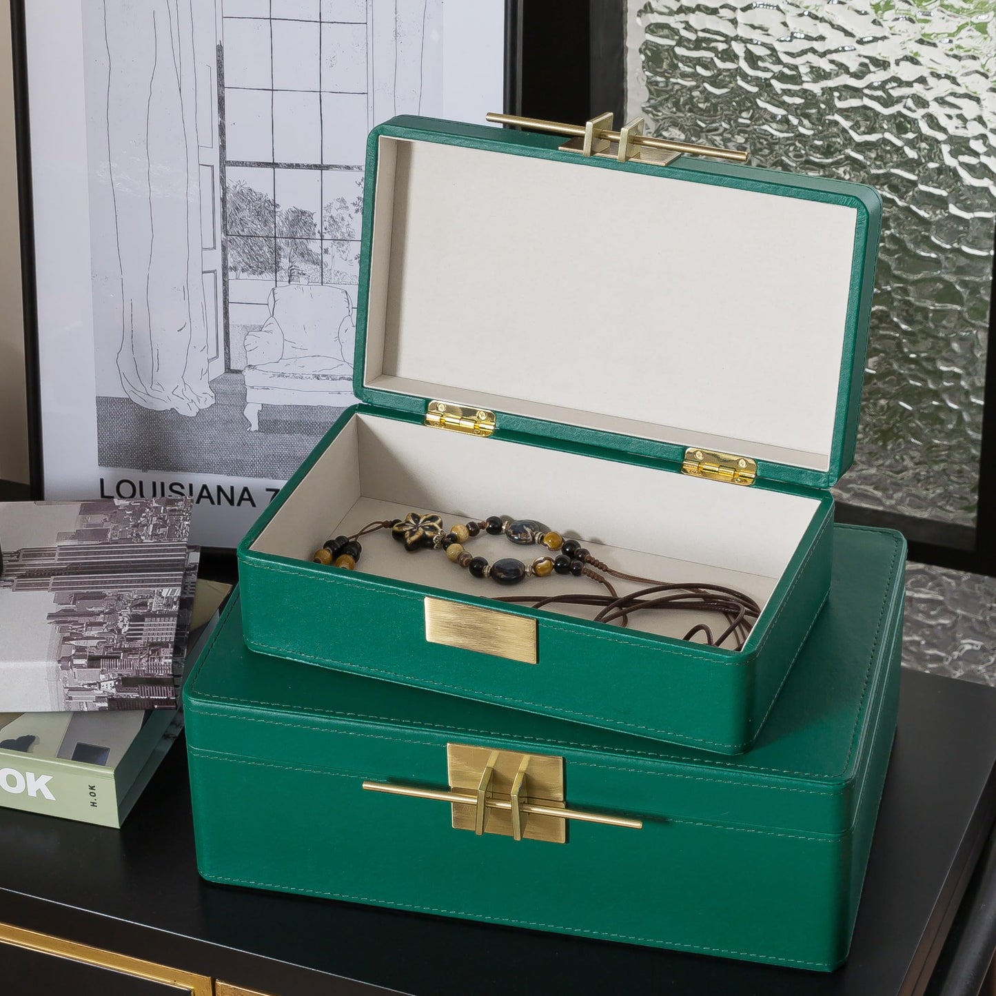 Soul & Lane Faux Leather Decorative Boxes with Lids for Home Decor, Set of 2 Stacking Hinged Boxes for Coffee Table and Living Room Shelves, Remote Control Holder, Emerald Green
