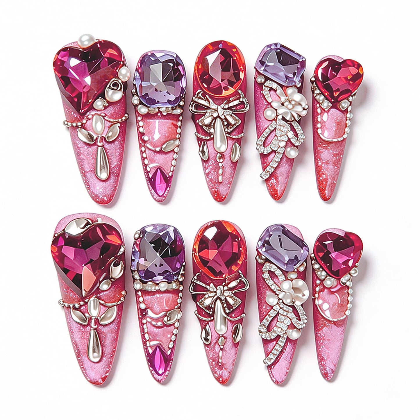 SILPECWEE 10PCS Almond Press On Nails Handmade Medium Long Fake Nails Pink Cat Eye Acrylic Press On Nails Crystal Nail Charms, False Nails for Women Nail Art Decoration