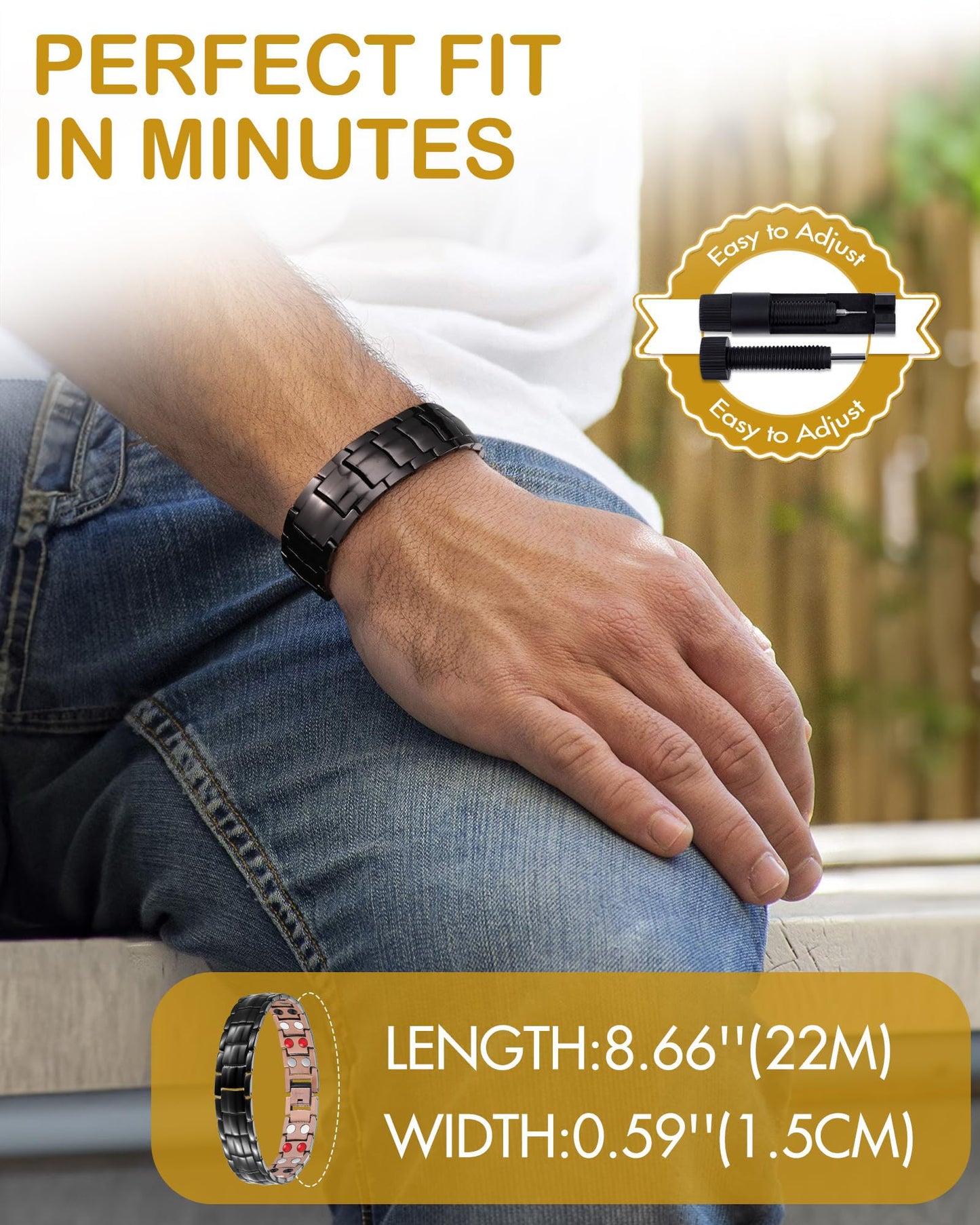Feraco Copper Magnetic Bracelet for Men,99.99% Cooper Jewelry Bracelets with 4 Elements Magnets for Anniversary Father's Day (Black)