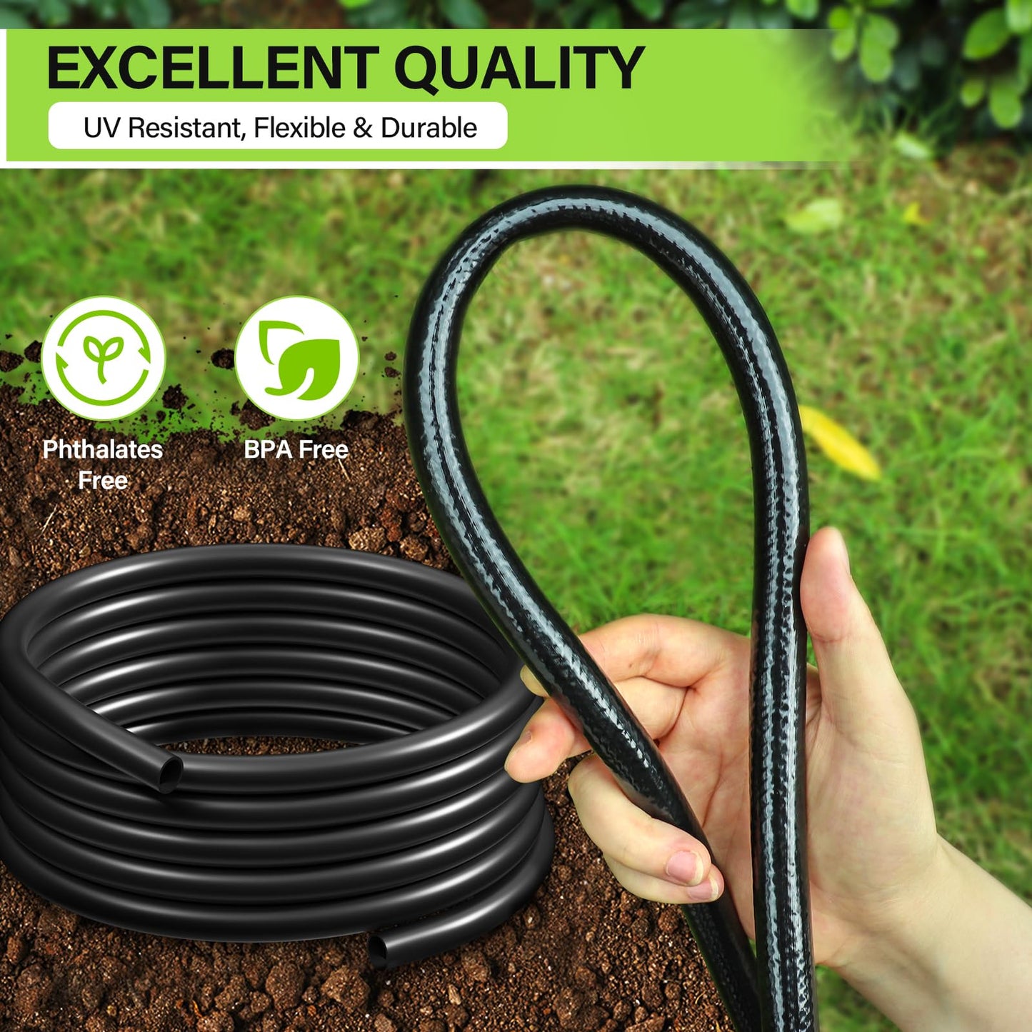 Bonviee 50FT 5/16” Drip Irrigation Mainline Tubing with 4-Way Push-to-Connect Couplers (4 Pack) – Compact DIY Garden Irrigation Distribution System for Misting, Raised Beds & Small Spaces