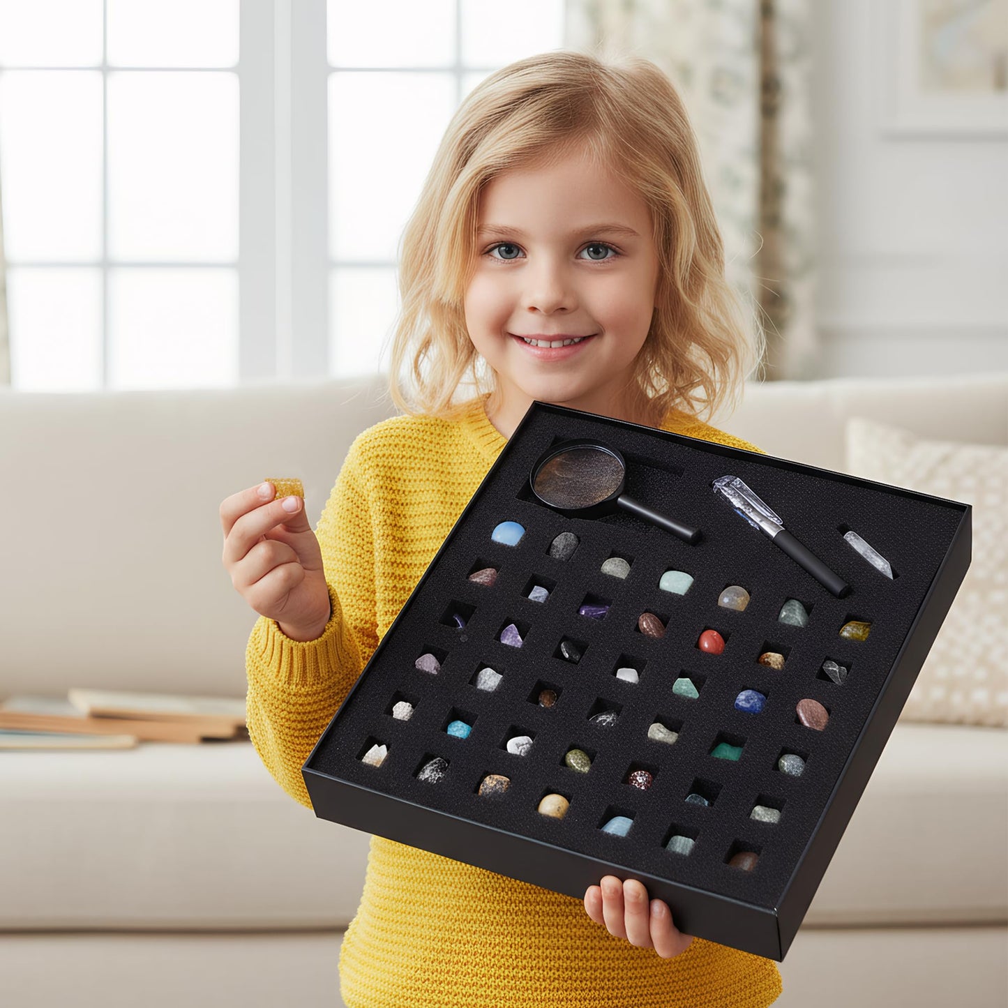 Natural Crystal Mineral Collection Kit - 43 Pcs Natural Rocks & Gemstones with Magnifying Glass, Pen & Crystal Guidebook, Geoscience Starter Collection Set for Kids & Adults Rock Enthusiasts