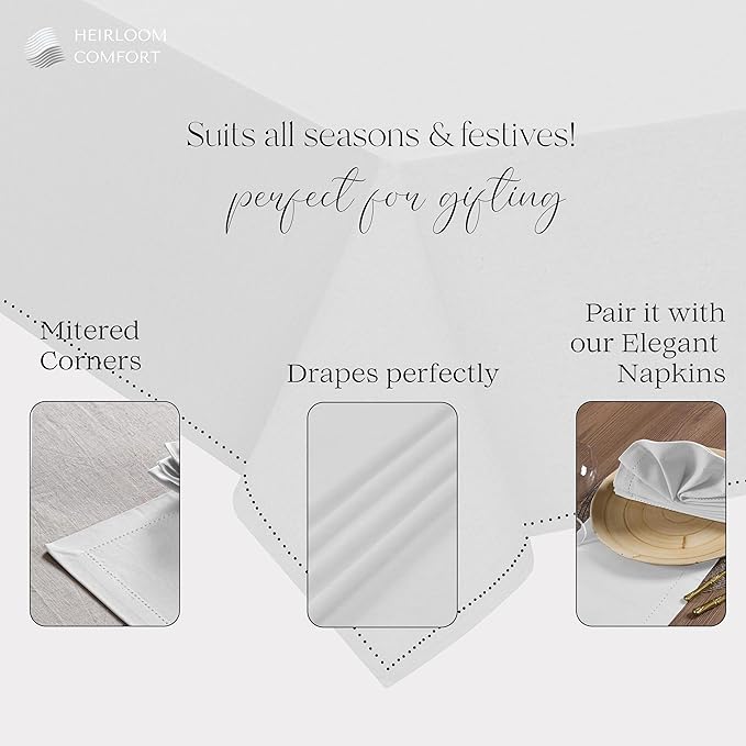 White Tablecloth, 100% Cotton, Tabletop 52x70 Inch, Fits 4-6 Seats, Durable, Washable, Rectangle Table Cloth for Dining, Weddings, Holiday Celebrations, Elegant Décor, All Seasons
