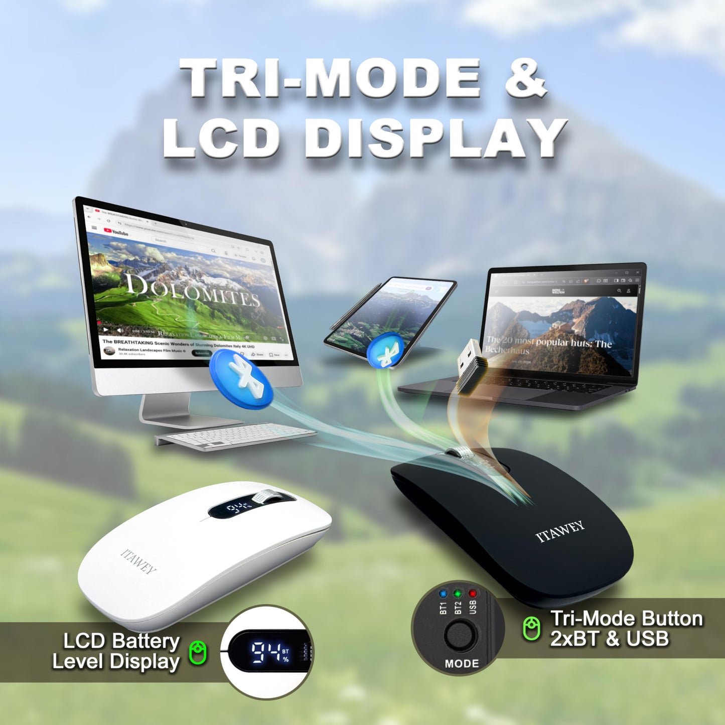 ITAWEY Wireless Mouse & Pad Combo - LCD Display, Bluetooth & USB Receiver, Tri-Mode, Rechargeable, Quiet Clicks, with USB-C Converter, Precise Steel Scroll Wheel, 3200 DPI for PC, Laptop, Tablet