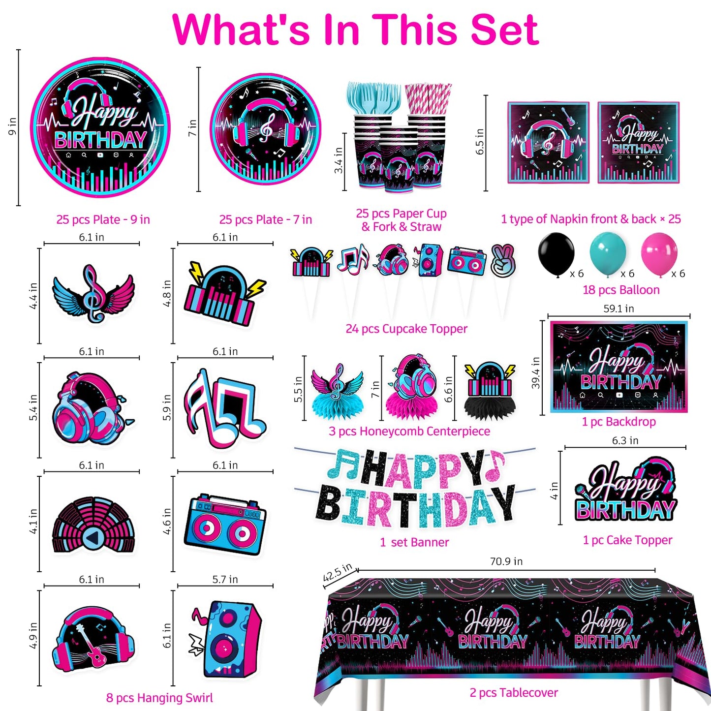 wellspar 208pcs Karaoke Party Decorations Complete Tableware Set, for 25 Guests, Karaoke Birthday Party Decorations, Disposable Plates, Pre-strung Banner, Tablecloths for Music Birthday Decor
