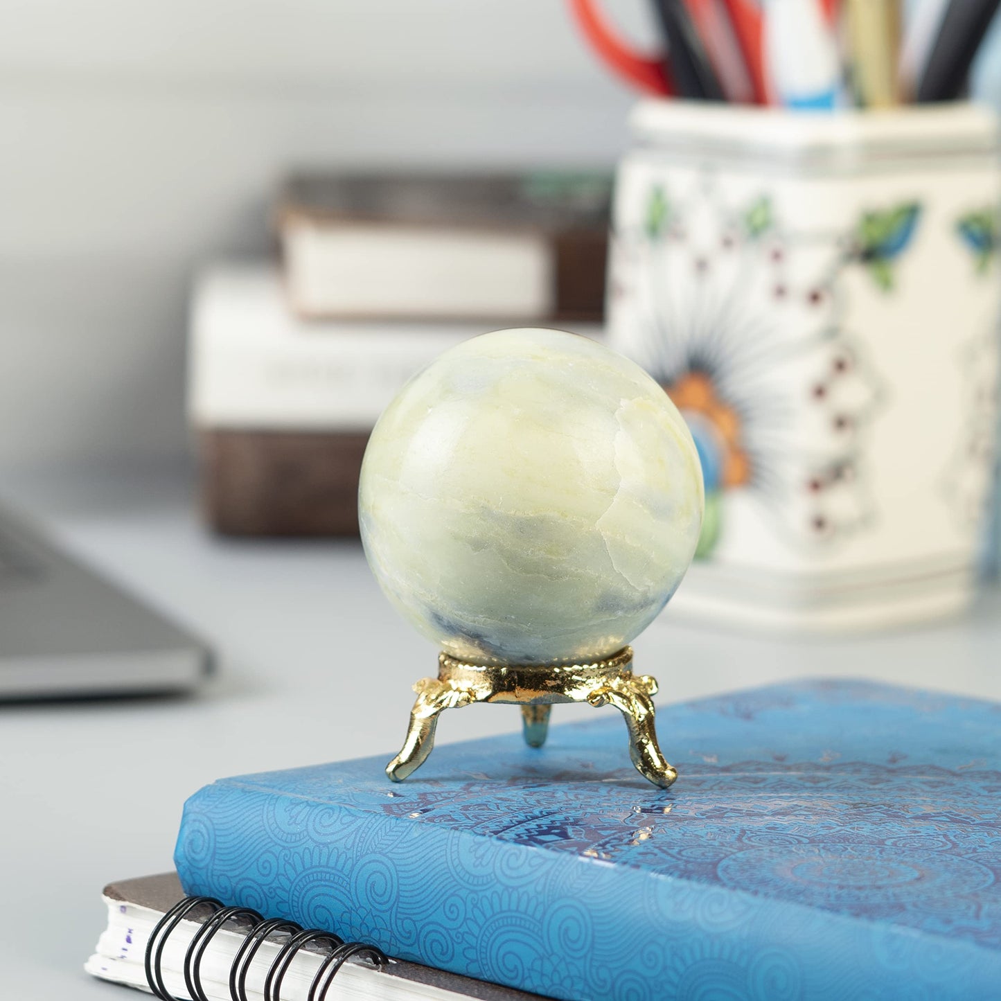 Crocon Serpentine Stone Sphere Ball with Metal Stand - 1400+ Carats Healing Sphere Sculpture for Fengshui, Home Decoration, Photography