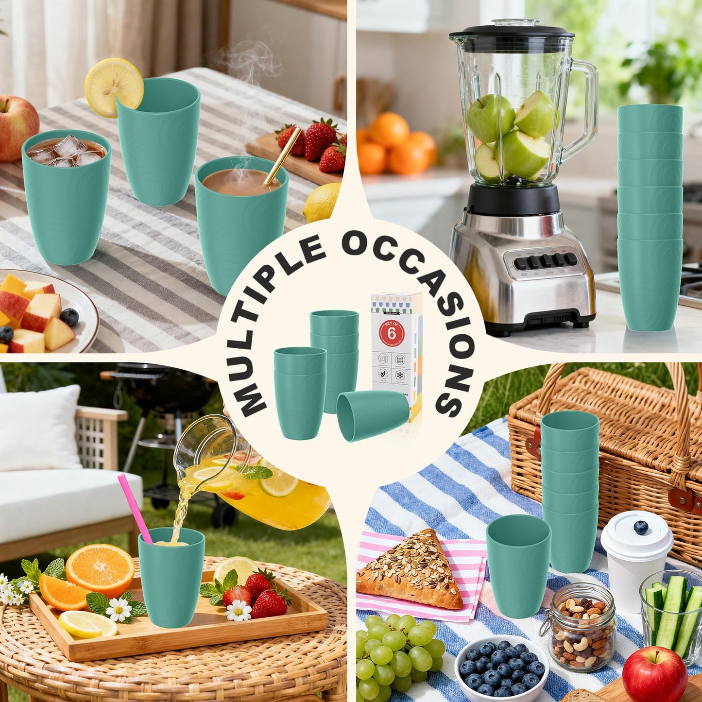 Perlapoc Reusable Wheat Straw Cups 6 PCS, Unbreakable 16 OZ Plastic Cup Alternative, Dishwasher Safe Drinking Glasses for Indoor & Outdoor Use, Green