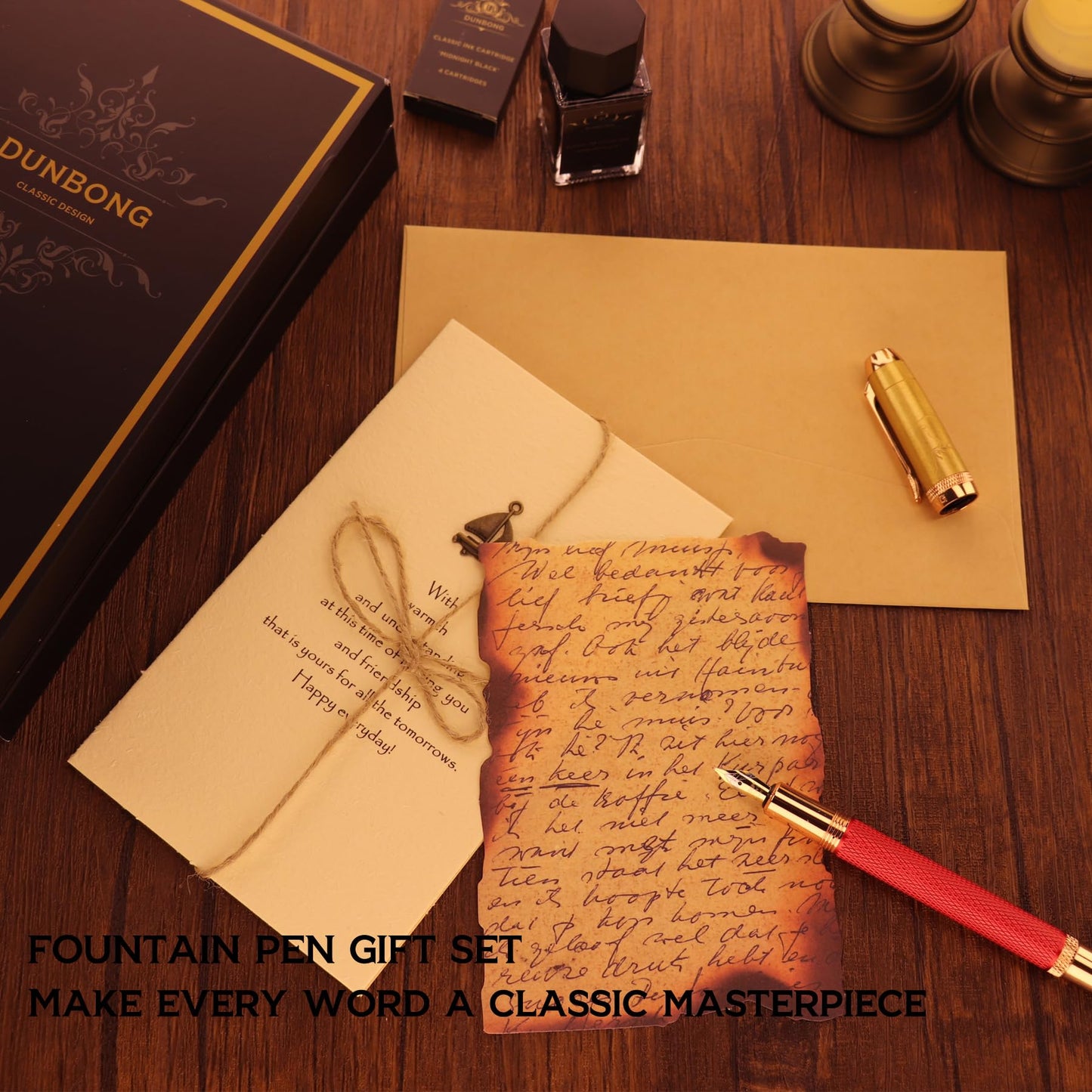 DUNBONG Luxury Fountain Pen, Aureate Gold Powder Finish, Gold Plating and Red Lacquer, Intricate Engraved Pattern, Gilded Medium Nib, Refillable Ink Converter, Luxury hard Gift Box(lion)