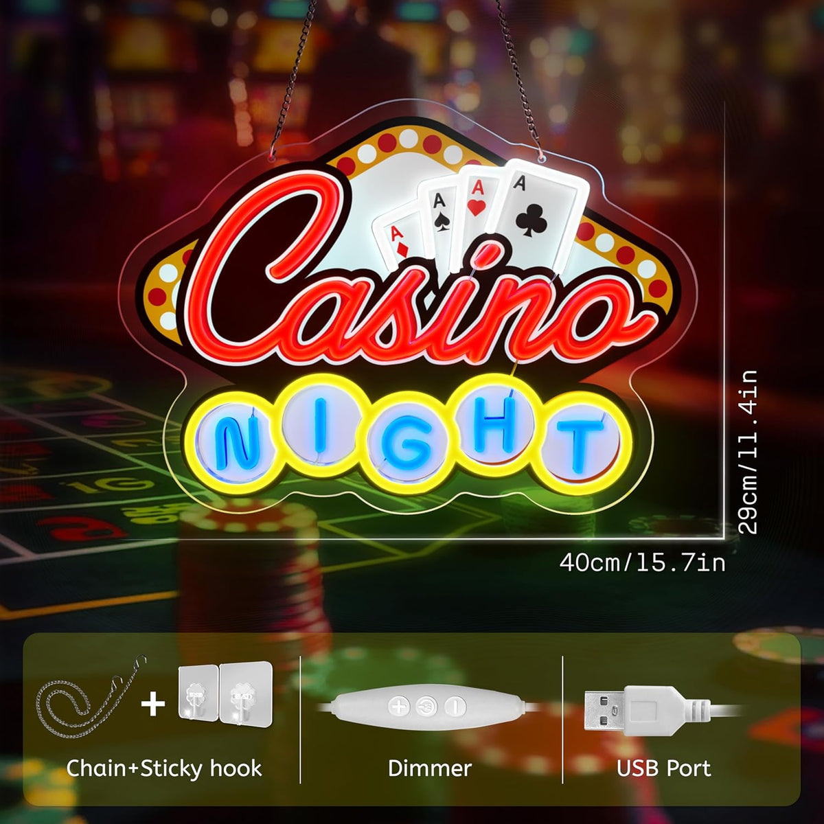 Casino Night Neon Sign for Wall Decor Casino Led Neon Light Dimmable Led Light Sign for Bar Casino Play Room Birthday Party Decor