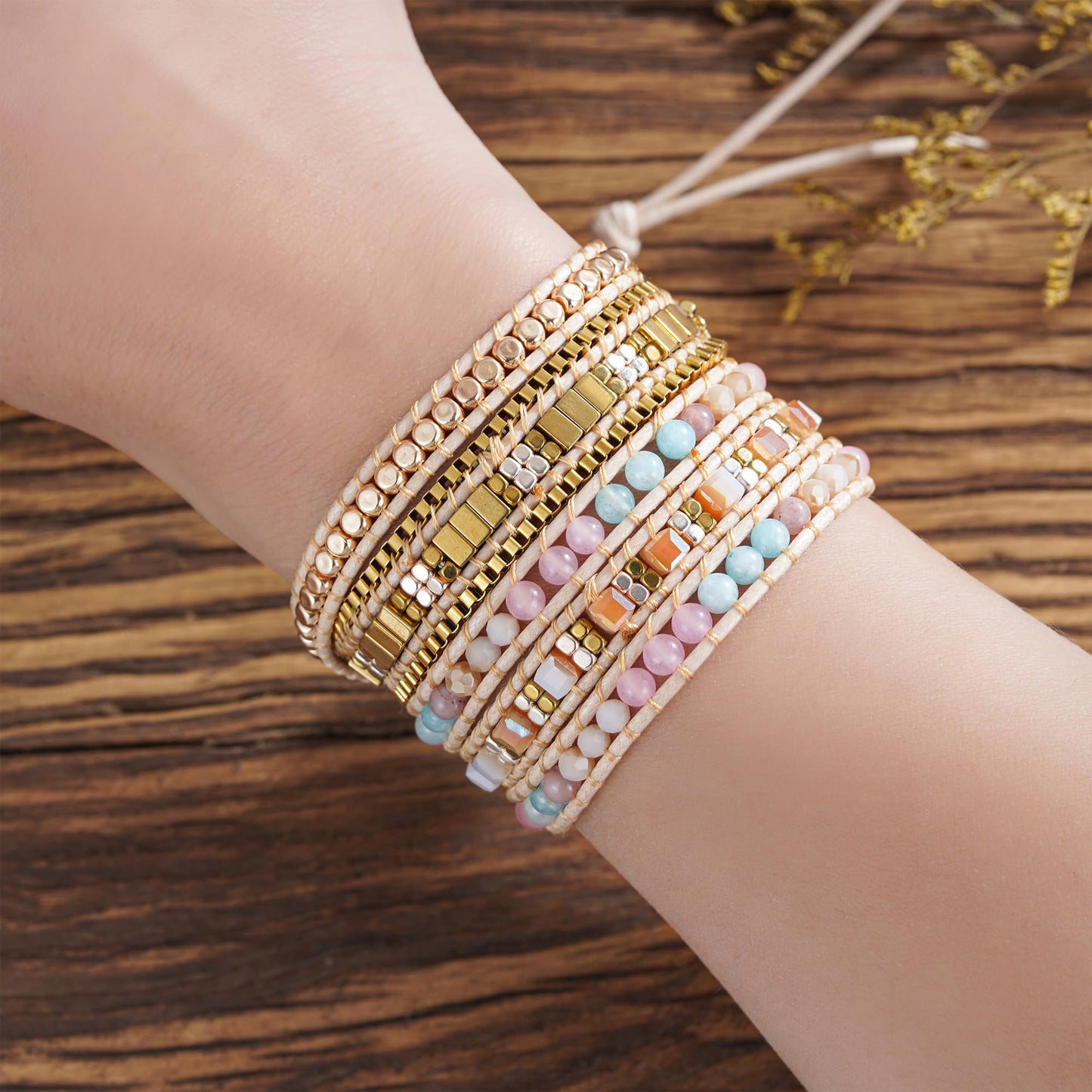 Plumiss Women Boho 5 Wraps Stone Crystal Bracelets Handmade Beaded Statement Stainless Steel Box Chain Bracelet Jewelry