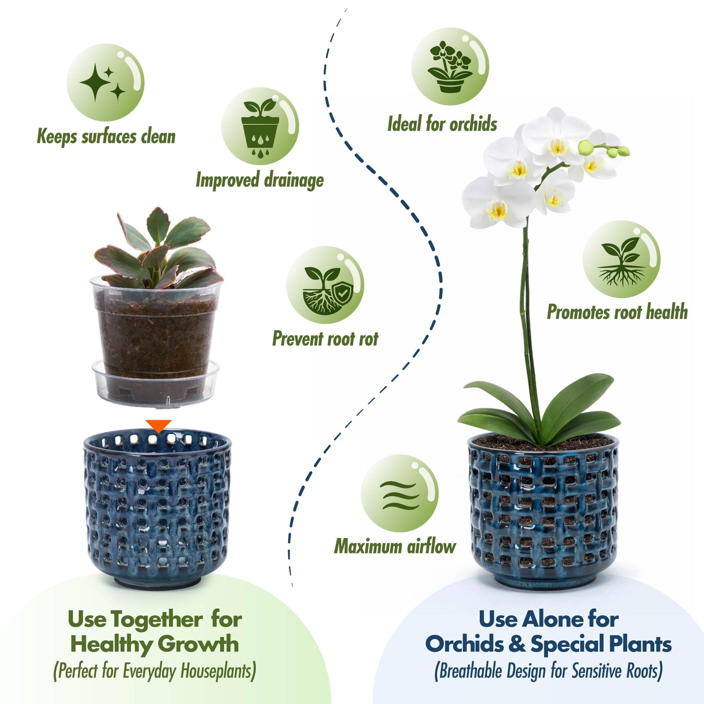 D'vine Dev 4.5 Inch Ceramic Orchid Planter with Lattice Cutout Design, Glazed Cachepot with Clear Nursery Pot & Detachable Saucer for Orchids and Indoor Plants, Midnight Blue, 28-A-Z-2