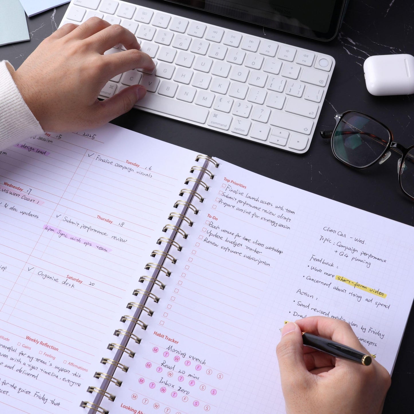 Undated Weekly Planner, 8.5x11” – Dashboard Layout with Yearly Review, Monthly Calendars, & Weekly To Do List, Spiral Bound Organizer for Work, Study & Life (Pink)