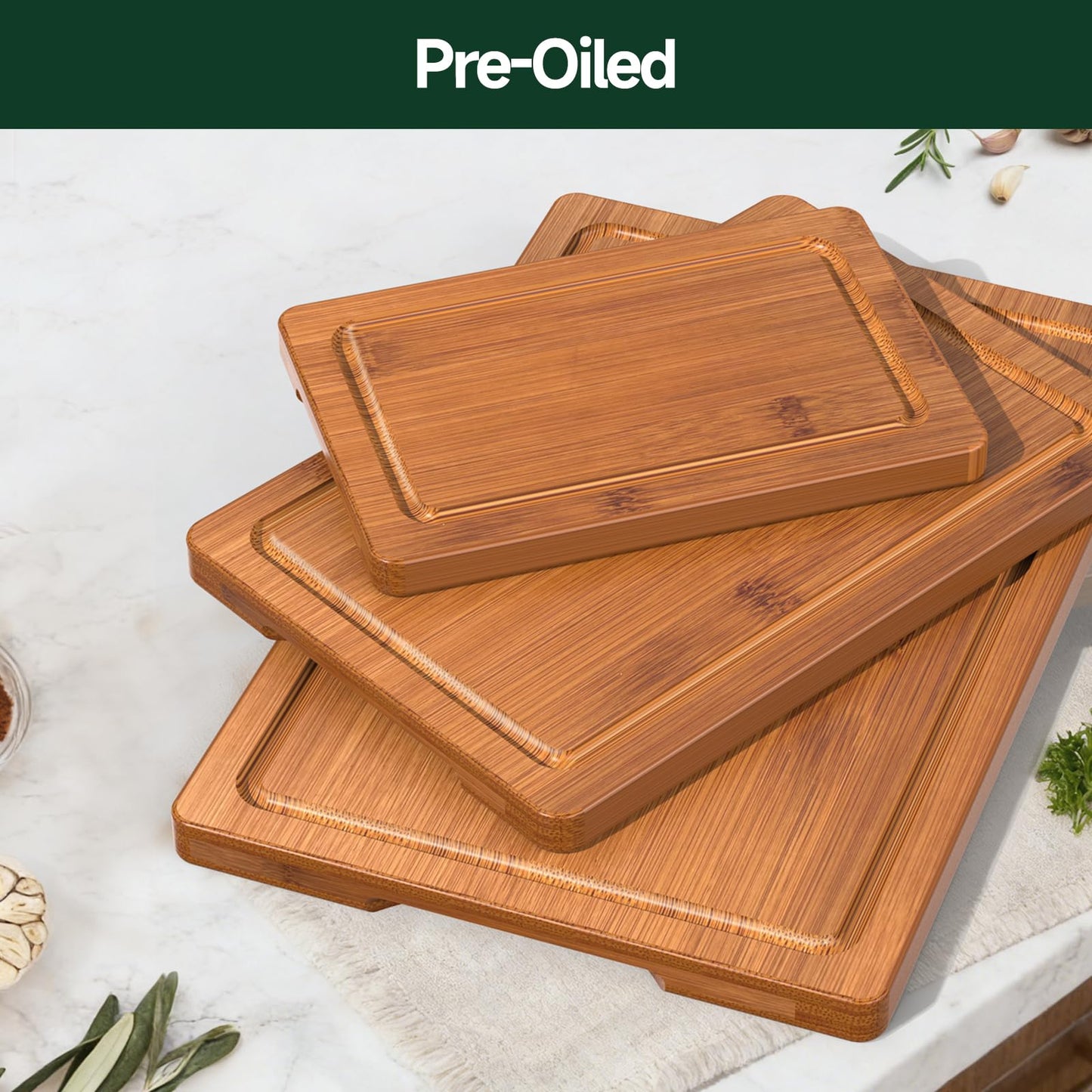 Zeawec 3-Piece Set Bamboo Cutting Board for Kitchen - Crack-Resistant Wood Chopping Boards with Deep Juice Grooves, Pre-Oiled Butcher Block for Meat, Vegetables & Cheese, Carbonized