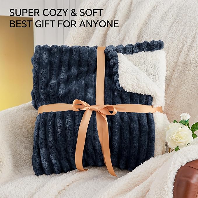 INFIIXSO Sherpa Fleece Queen Size Blanket - Super Soft & Warm Striped Fleece, Cozy Plush Fluffy Large Bed Blanket All Season Use (Navy Blue, 90x90 Inches)