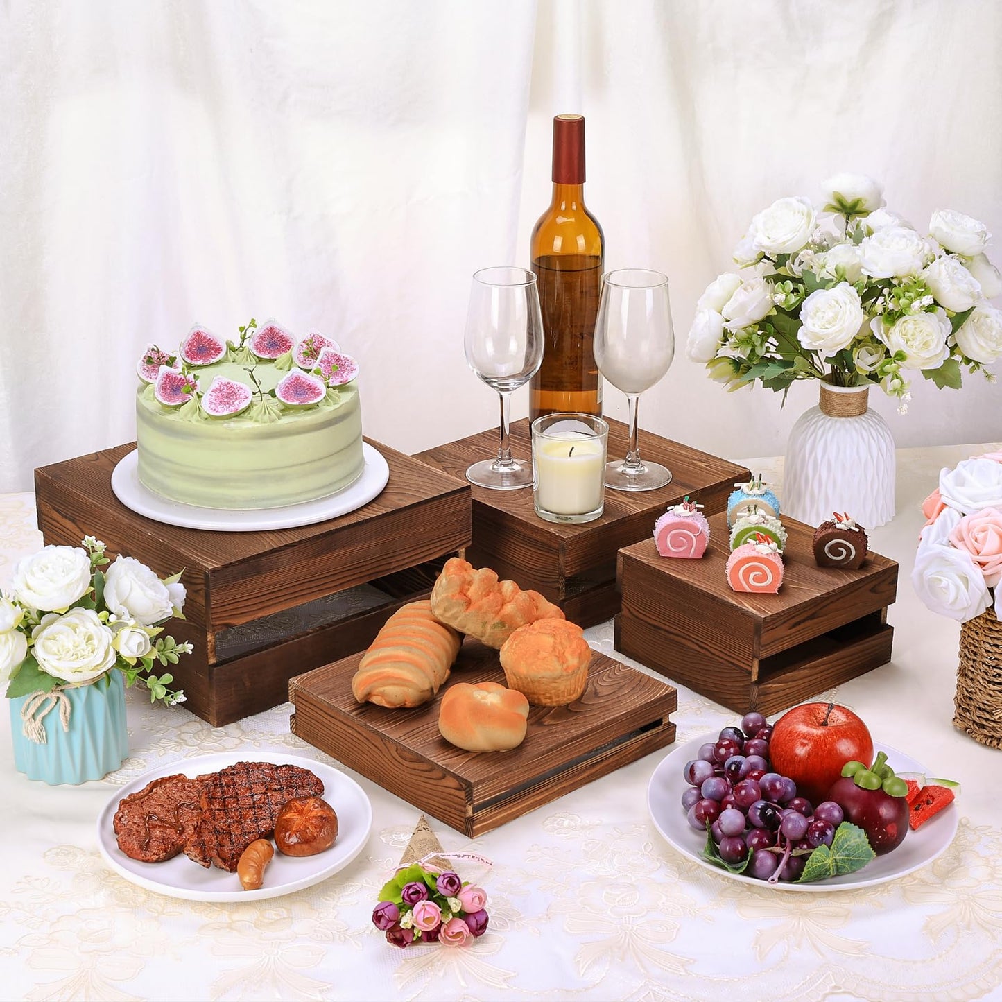 LEIFEOSH 6 Pack Wooden Crates for Display Wooden Risers Square Food Risers for Buffet Party Rustic Wood Cake & Cupcake Stands