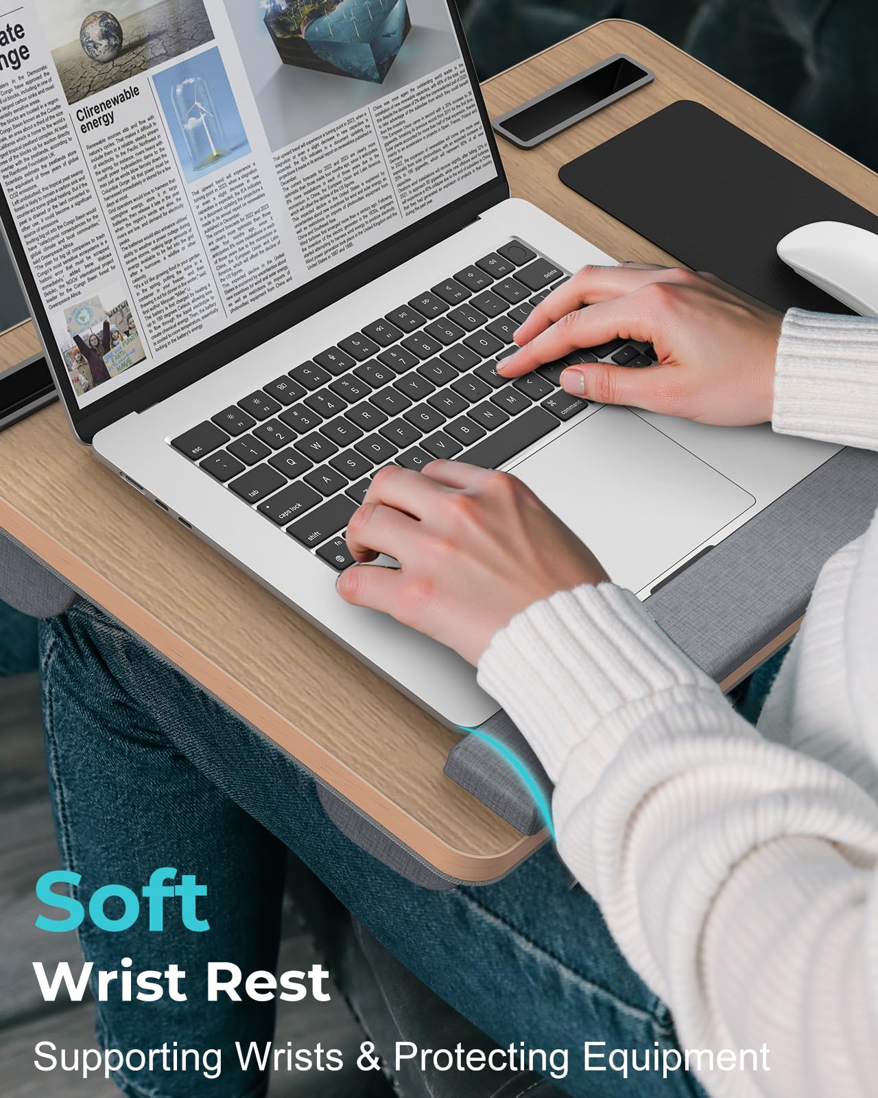 Potuopy Lap Desk - Up to 17” Laptop Tray with Wrist Rest, Portable Handle, Fixed Mouse Pad, Tablet & Phone Slots, Laptop Stand for Bed with Cushion (Dark Brown Woodgrain)