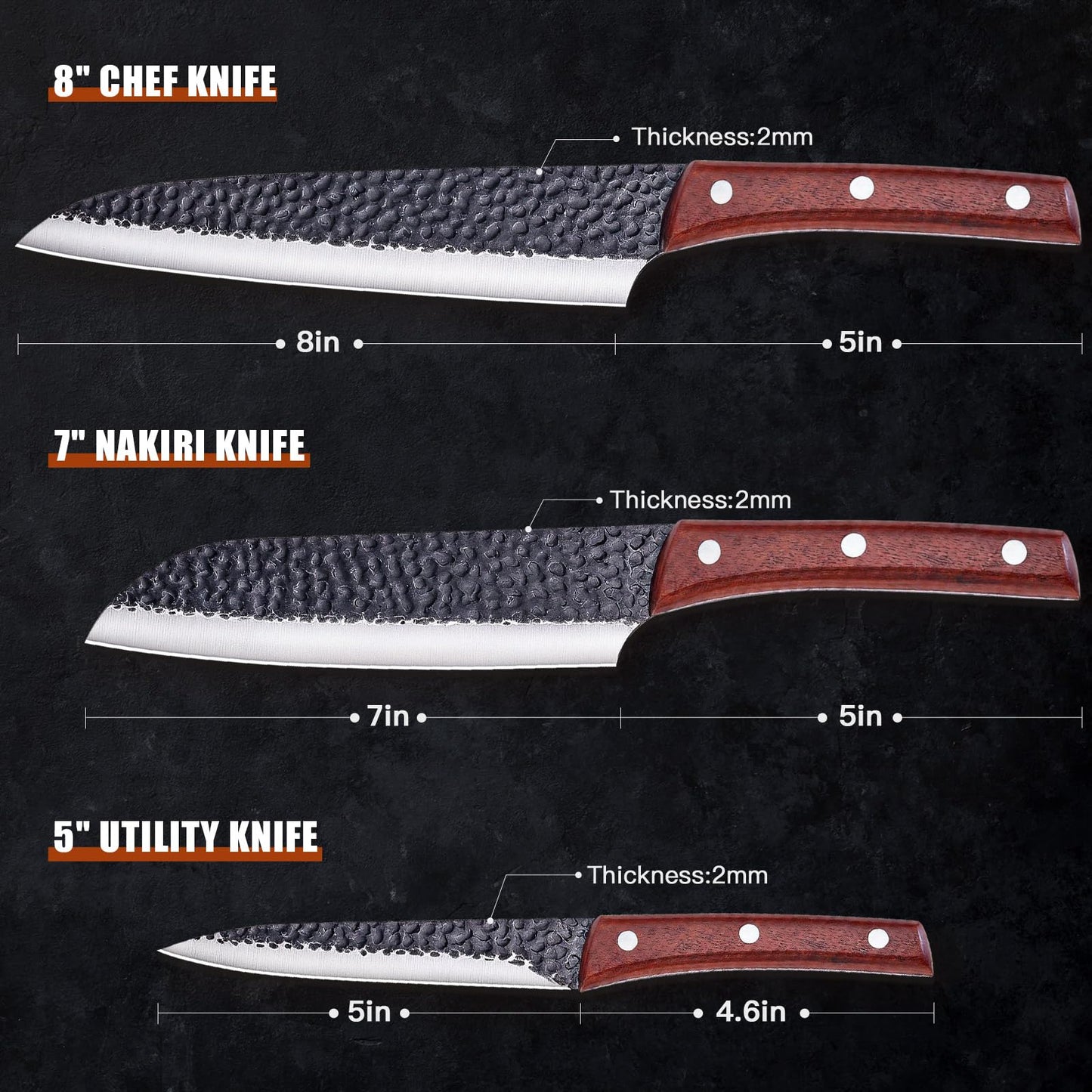 Topfeel 3PCS Kitchen Knife Set, Hand Forged High Carbon Stainless Steel Chef Knife Sets, Ultra Sharp Professional Japanese Knife Sets With Wood Ergonomic Handle & GIFT BOX
