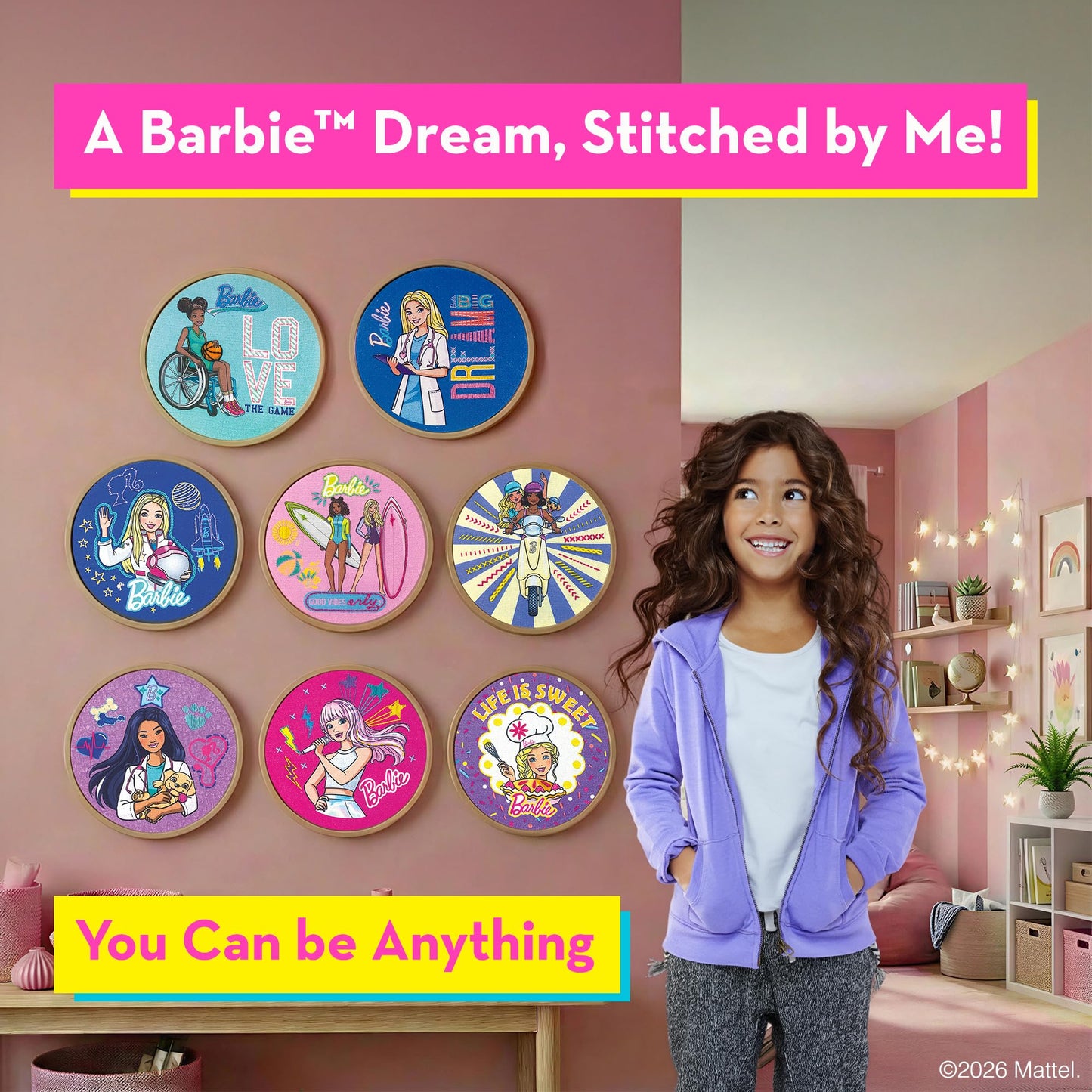 Barbie® Kids Embroidery Kit for Girls Ages 8-12 - Beginner Craft Kit with 8 Designs, 2 Hoops, Thread & Needles - Sewing Arts and Crafts Gift Set