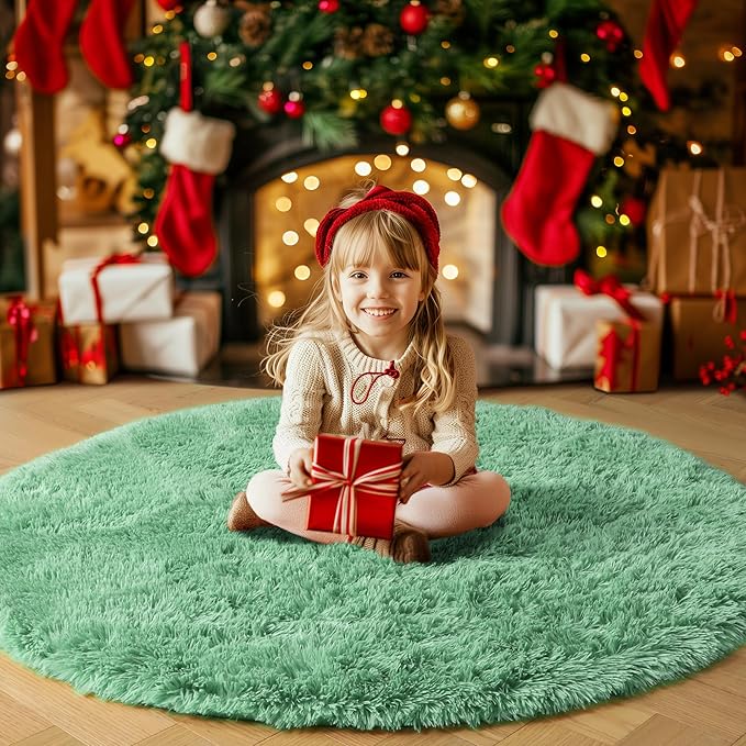 Amdrebio Sage Green Round Rugs 5Ft for Bedroom, Fluffy Furry Circle Rug for Nursery, Baby Kids Room Decor, Cute Shaggy Area Rugs for Preppy Dorm, Teen Girls Boys, Fuzzy Indoor Light Mint Green Carpet
