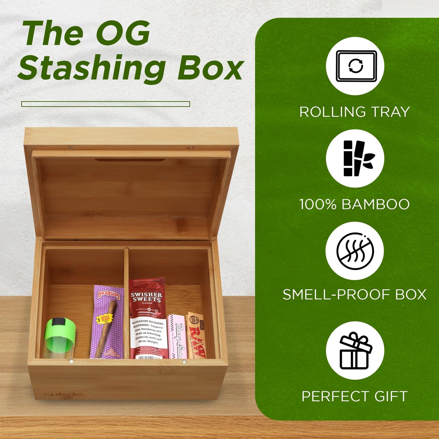 Subtle Rolling Tray Stash Box - Large Bamboo Box w/Ample Storage Space to Organize Herb Accessories - Comes with Convertible Rolling Tray Lid - (10" x 8" x 3.5")
