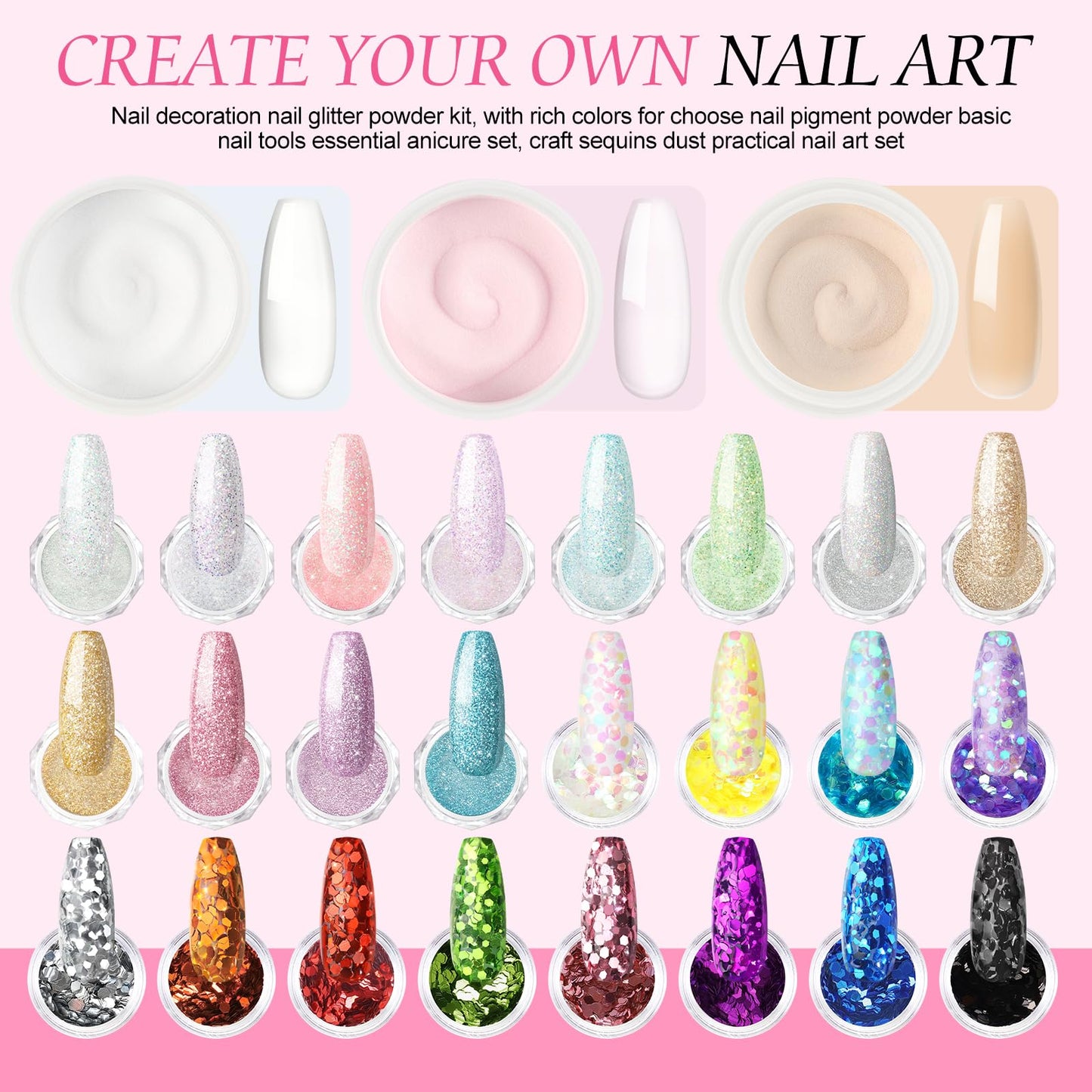 Acrylic Nail Kit with Drill and U V Light, Professional Nail Kit Acrylic Set for beginners with Everything 3PC Powder 24PC Glitter Fake Tips Decoration Nails Set DIY Home Salon