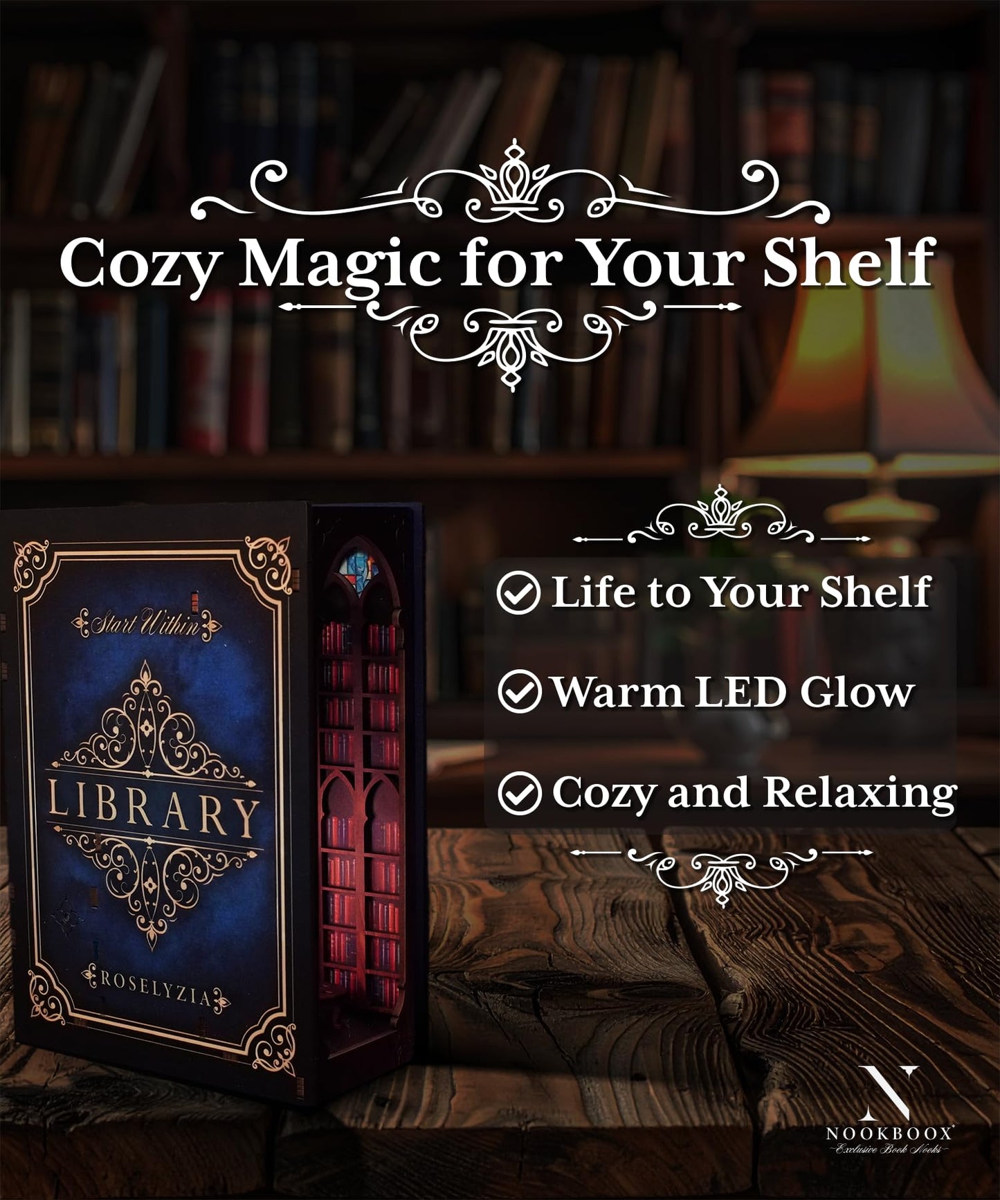 Book Nook Kit – NOOKBOOX by ROSELYZIA – DIY Miniature Dollhouse 3D Wooden Puzzle with LED Light – Bookshelf Decor Gift for Adults & Teens – Navy Blue