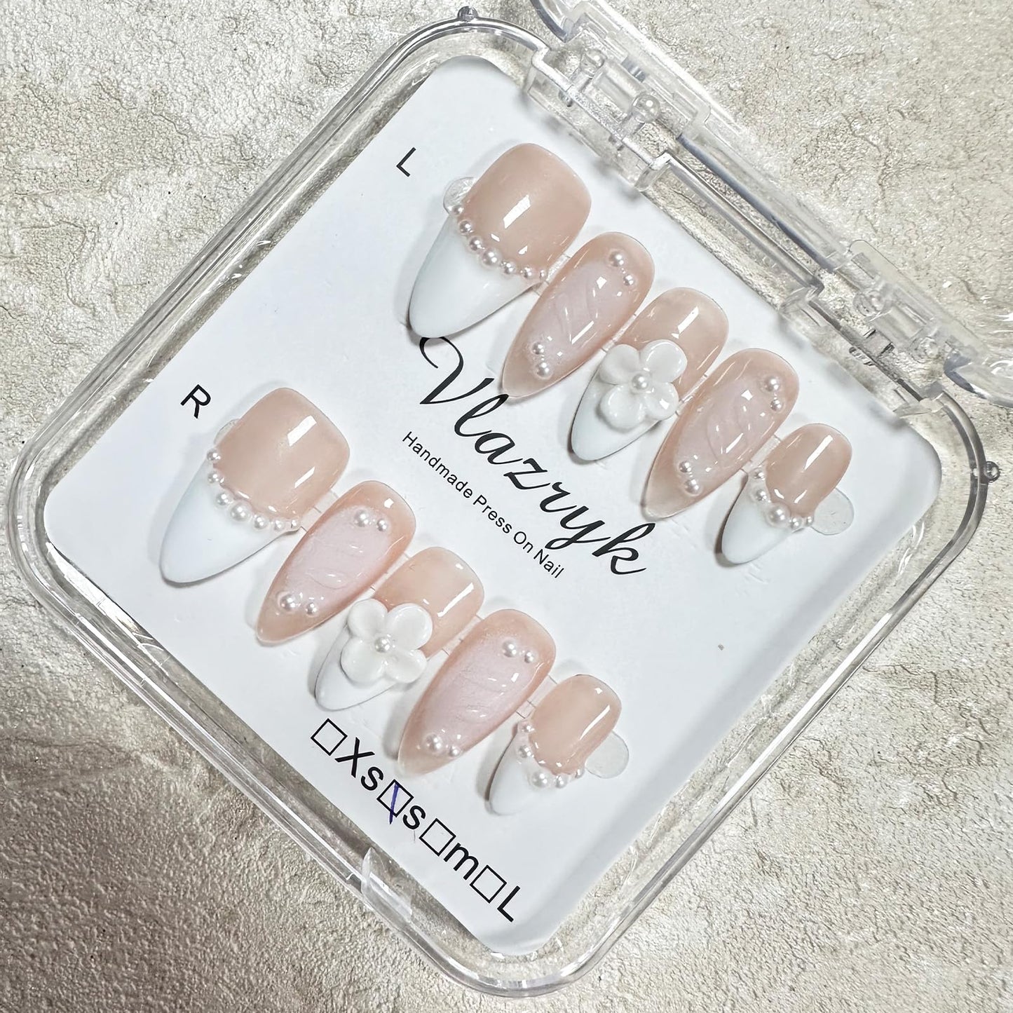 Handmade Press On Nails – Short Almond False Nails for Women, Reusable Acrylic White French Tip with Pearl & 3D Flowers Design – Salon Quality Fake Nails (10PCS Size S)