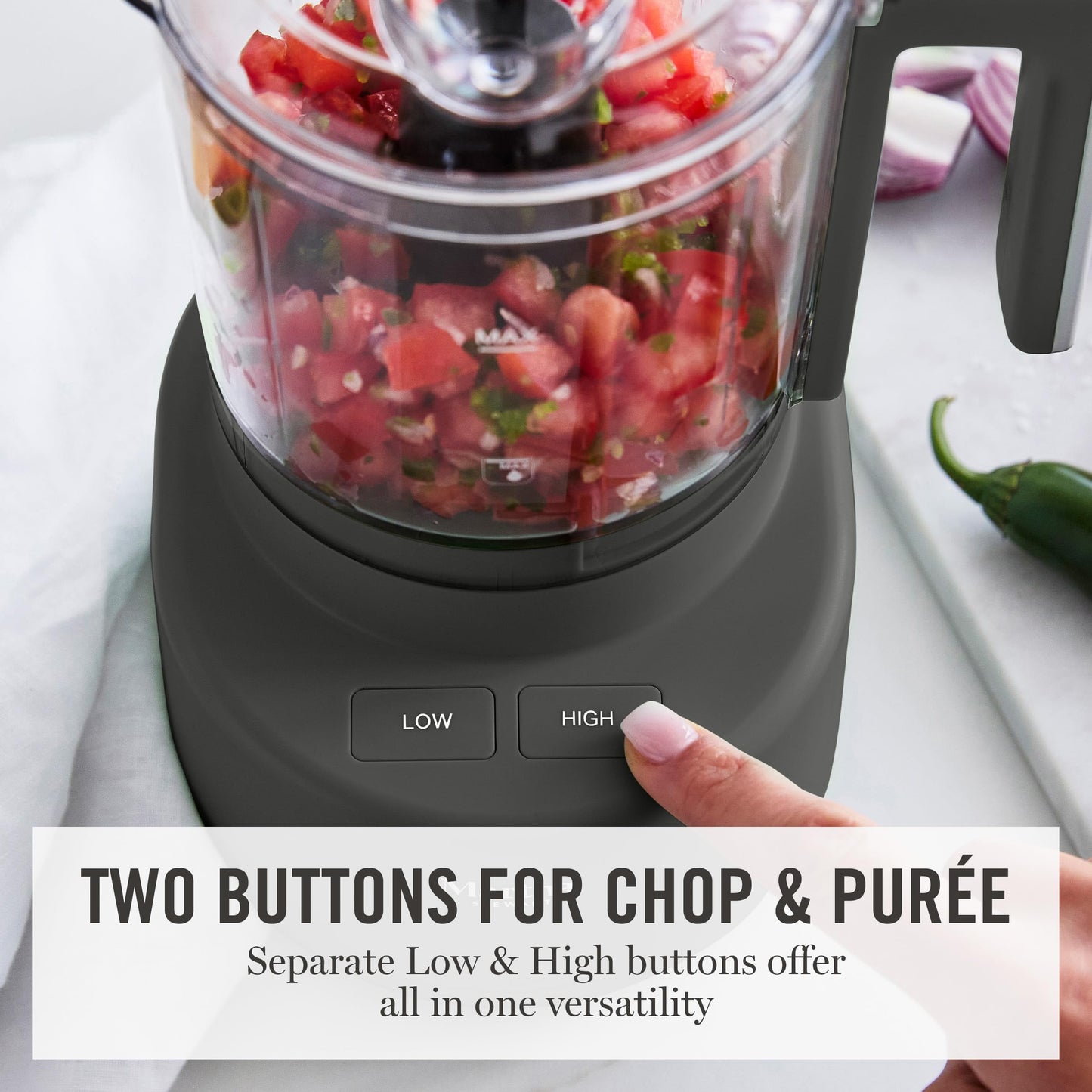 Martha Stewart 3 Cup Food Processor, Electric Vegetable Chopper, Stainless Steel Blades, 24oz BPA-Free Bowl, Pour Spout, Dicing, Mincing, Chop & Puree, Dishwasher Safe, Oil Chute, Easy-Clean, Caviar