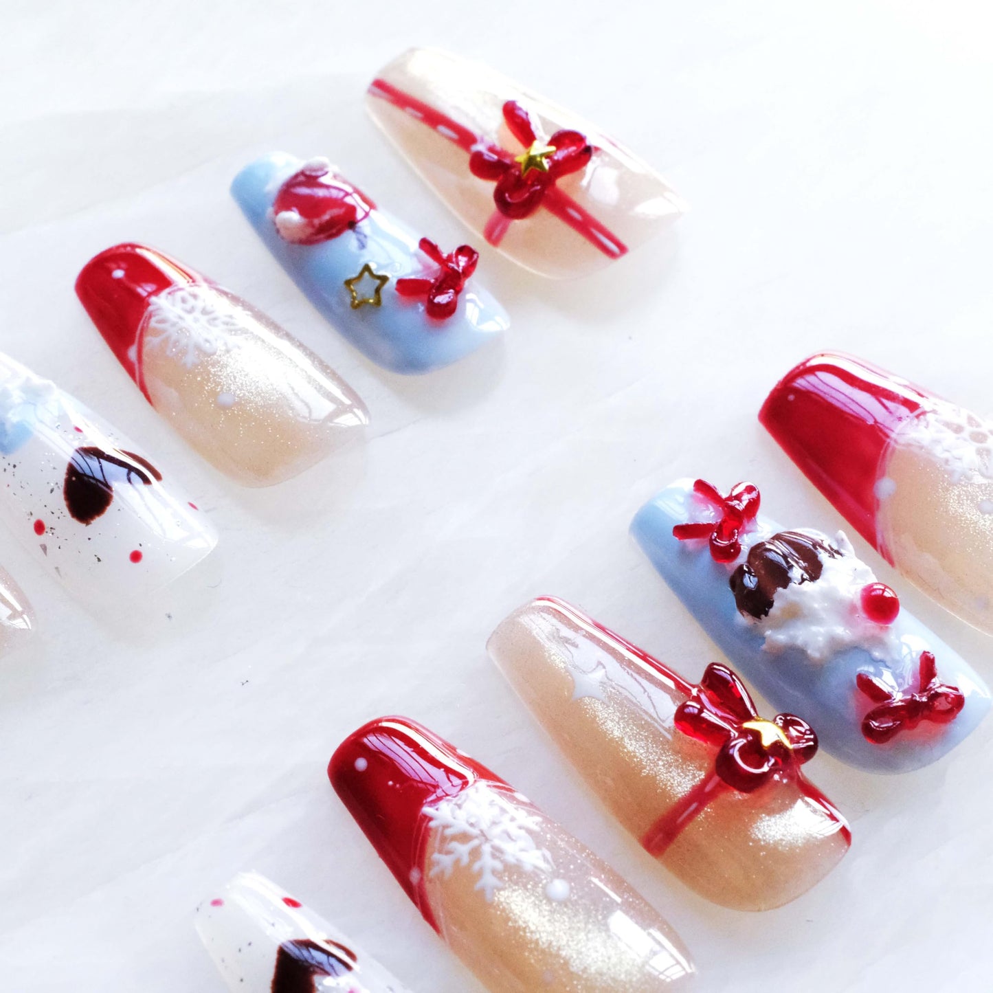 GLORS Christmas Press-On Nails, Medium Length Ballerina Shape, Red Cat Eye Apple Design with 3D Bows, 10 Pieces (Medium, MB)