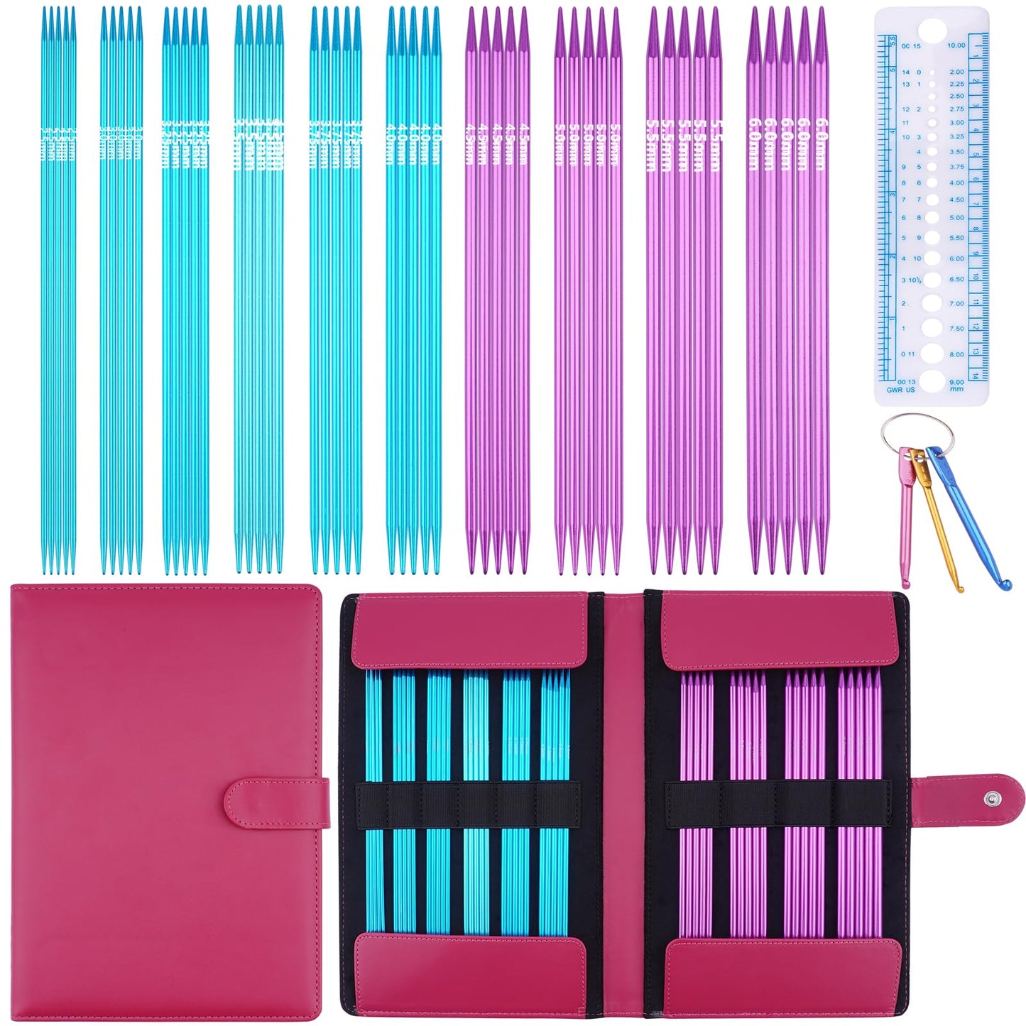 Hobekoee 50pcs Double Point Knitting Needles Set Aluminum Knitting Needle (2.5mm-6.0mm) 7.9-inch Knitting Needles for Beginners,DIY Knitting Projects,10 Sizes