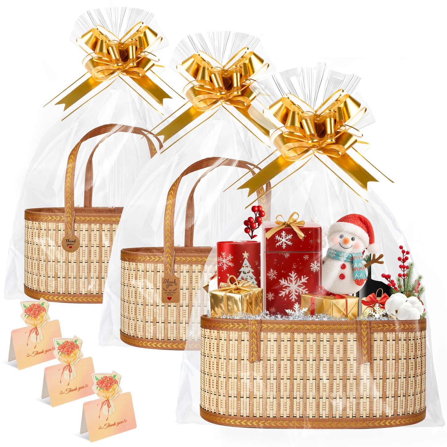 Leevcok 3 Set Baskets for Gifts Empty, Large Bamboo Gift Basket with Handle, Foldable Reusable Decorative Woven Basket for Christmas, Baby Shower, Mother's Day, Housewarming, Wedding