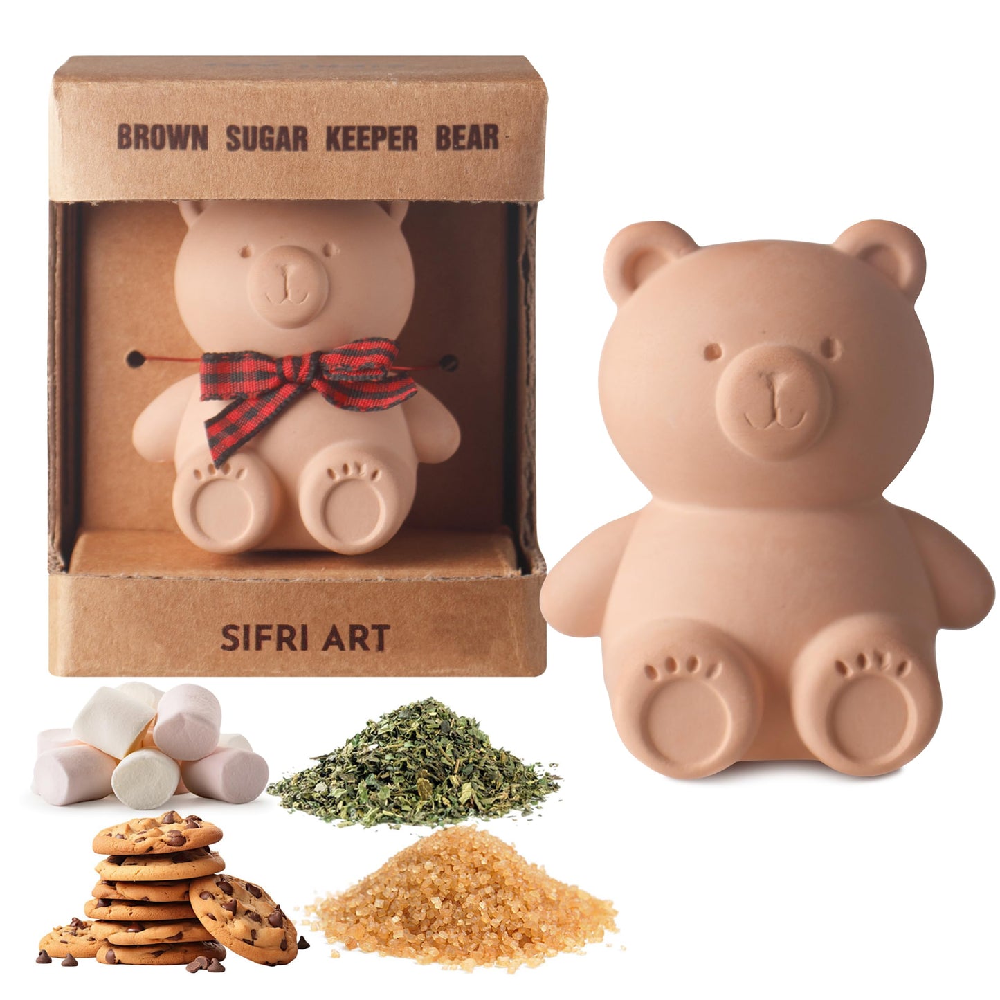 Sifri Art Brown Sugar Bear Keeper – 3D Terracotta Clay Sugar Saver Softener, Reusable Moisture Stone for Brown Sugar, Cookies, Marshmallows, Herbs, Baking & Kitchen Storage