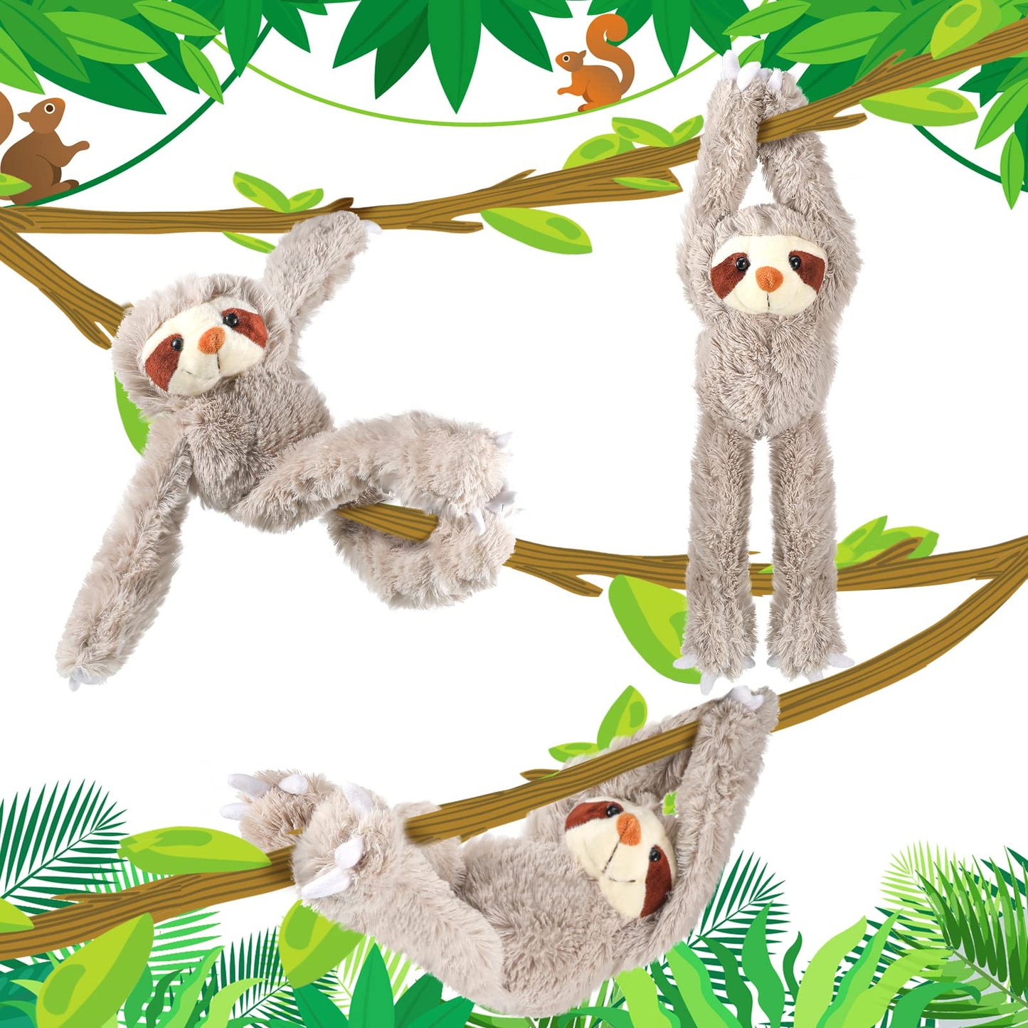 Yinder 3 Pcs Hanging Sloth Stuffed Animal 18 Inch Large Sloth Doll Plush Wild Three Toed Sloth Plush Soft Cute Sloth Gift with Hook and Loop Long Arm Leg for Huggable Birthday Party Favor Gift