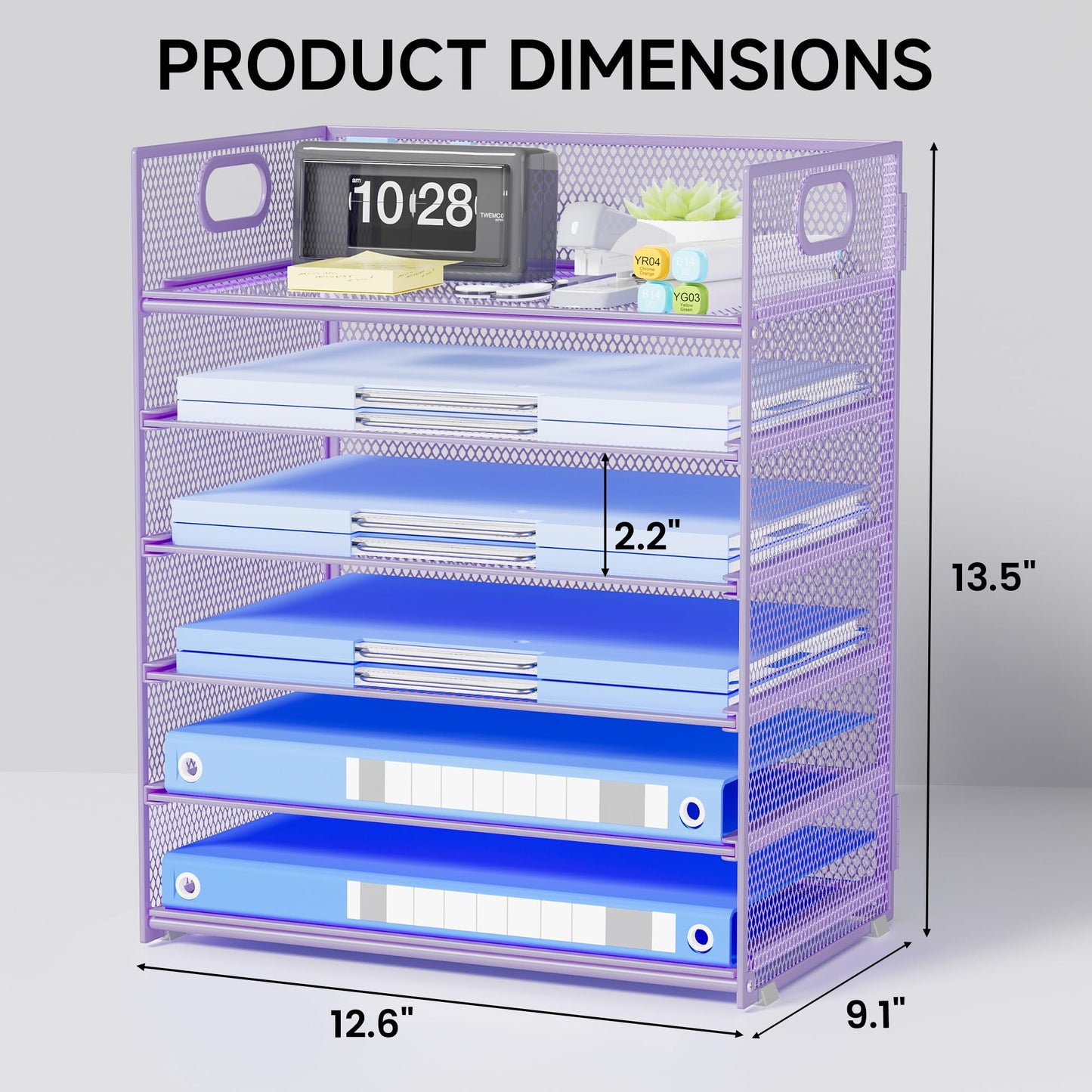 Kinkota Purple Paper Organizer for Desk with Handle, 6-Tier Metal Mesh File Organizer | Stackable Desktop Organizer for Office Supplies & Stationery Storage