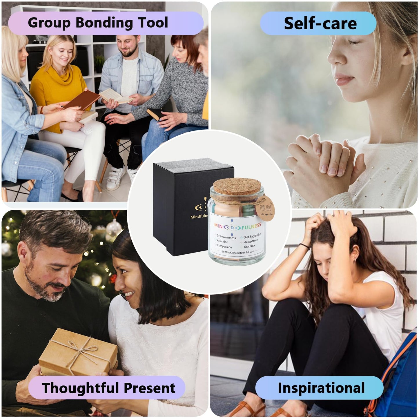 NStuiv Mindfulness Jar Motivational and Inspirational Cards with 90 Daily Affirmations Anxiety Relief Relaxation Self Care Easter Gifts for Men Women Office Desk Accessories for Work