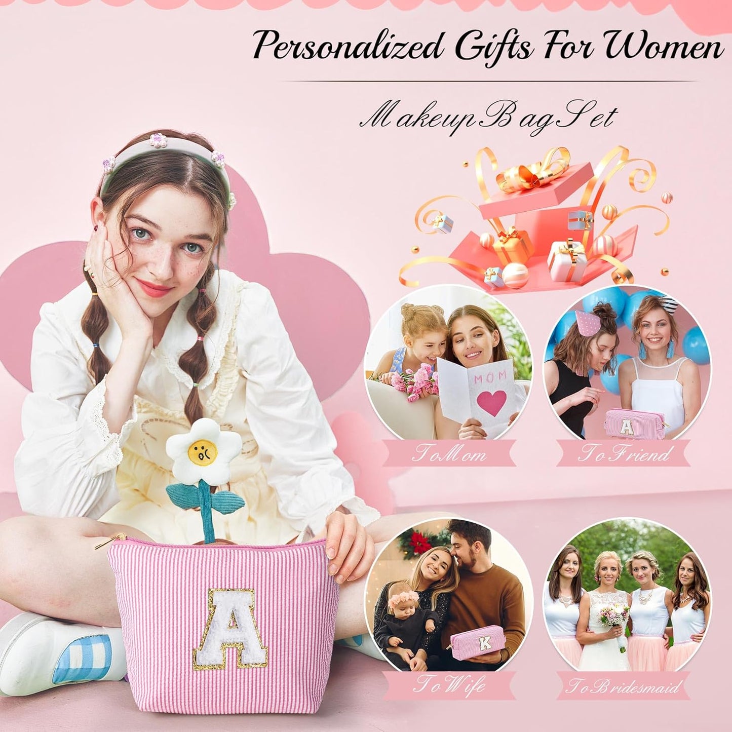 YOOLIFE Personalized Initial Makeup Bag for Women | Pink Cosmetic Travel Toiletry Bag | 11 12 13 14 15 16 Years Old Girl Gifts | Preppy Stuff Teen Girl Gift Trendy Stuff A