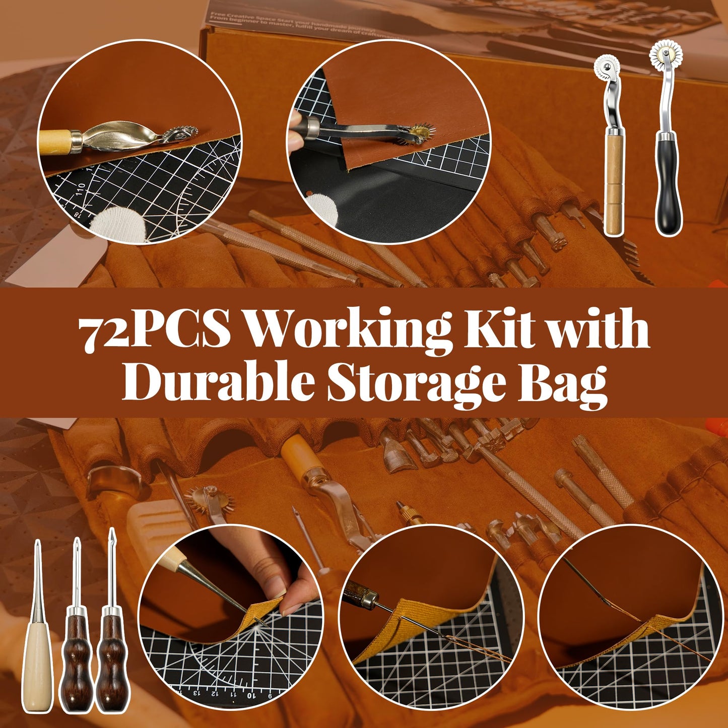 FIOQE Leather Tooling & Crafting Kit for Beginners - 72Pcs Leatherworking Tools with Storage Bag for Sewing, Carving, Punching, Cutting and Stamping, DIY Leather Projects