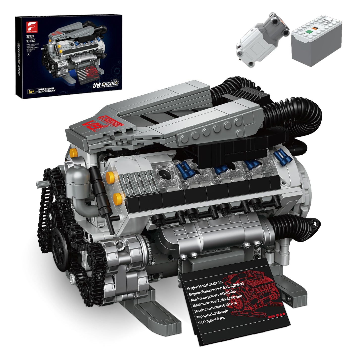 HUNKING Working V8 Engine Model Building Kit, Block-Compatible, Physical Science Experiment STEM Toy, Collectible Ornament and Creative Gift for Teens Aged 14+ and Adults(931 PCS)
